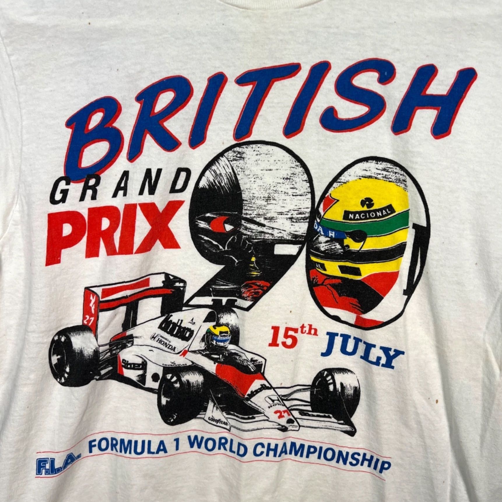 Vintage VTG 1990 British Grand Prix Ayrton Senna T-Shirt Formula 1 World Championship Shirt Mens L White Size US L / EU 52-54 / 3 - 3 Thumbnail