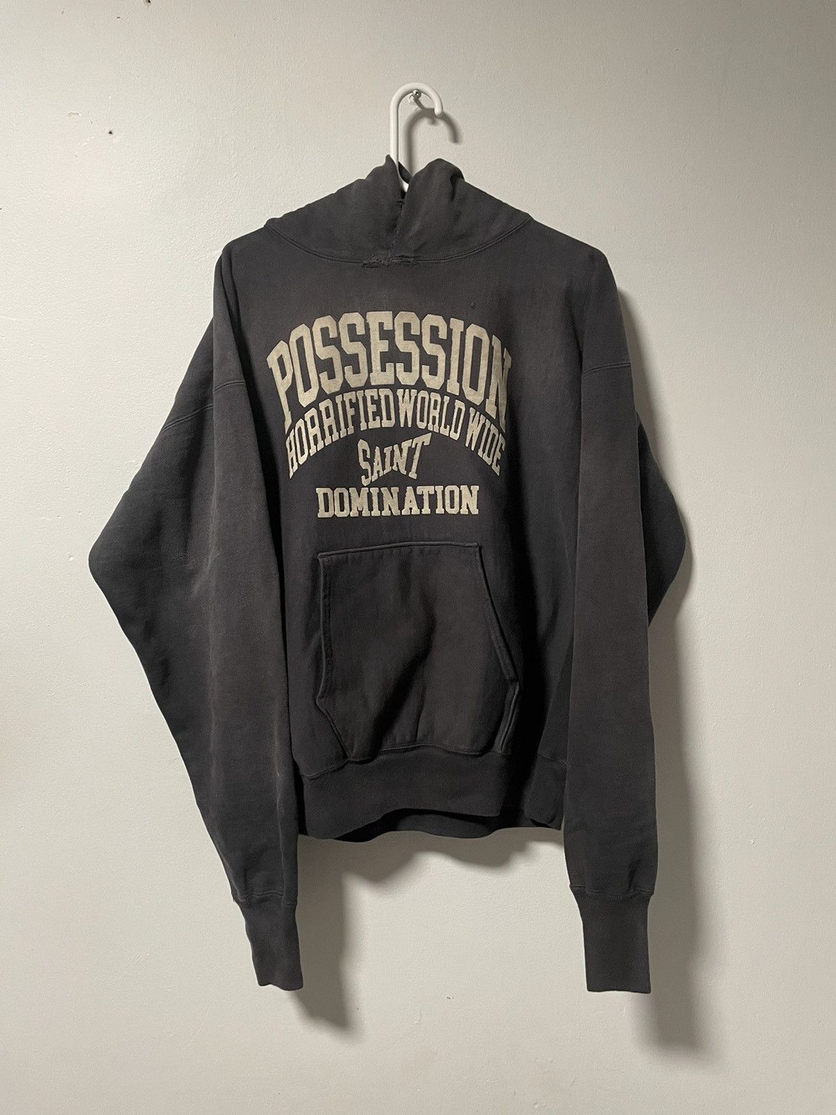 image of Saint Michael Posession Distressed Hoodie in Grey, Men's (Size Large)