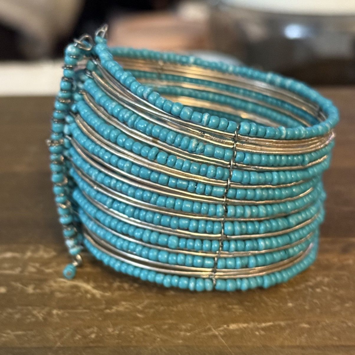 Other Turquoise and silver beaded wide cuff bracelet Size ONE SIZE - 3 Thumbnail