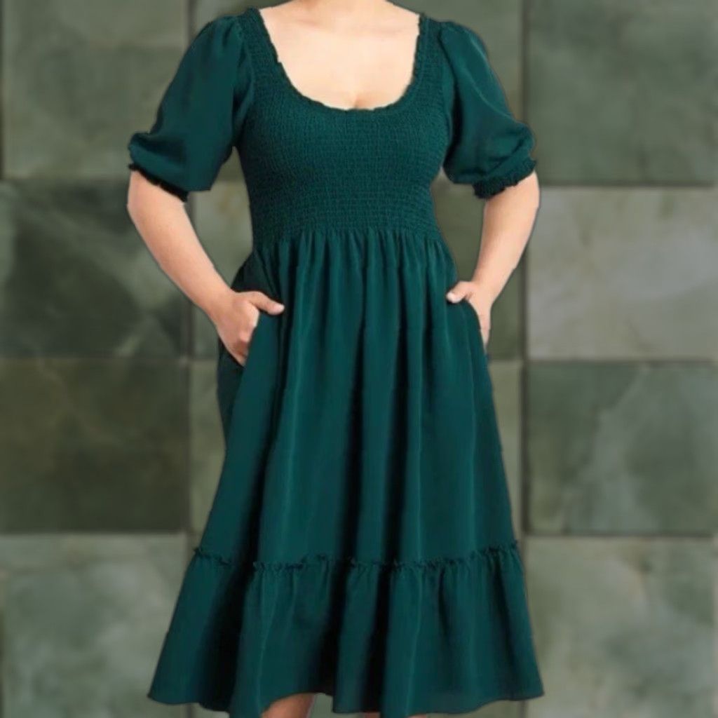 Vintage Hill House The Louisa Nap Dress Green XL Midi Women's Square Neck Flutter Sleeve Ruffle Smocked 100% Recycled Polyester Size XL / US 12-14 / IT 48-50 - 1 Thumbnail