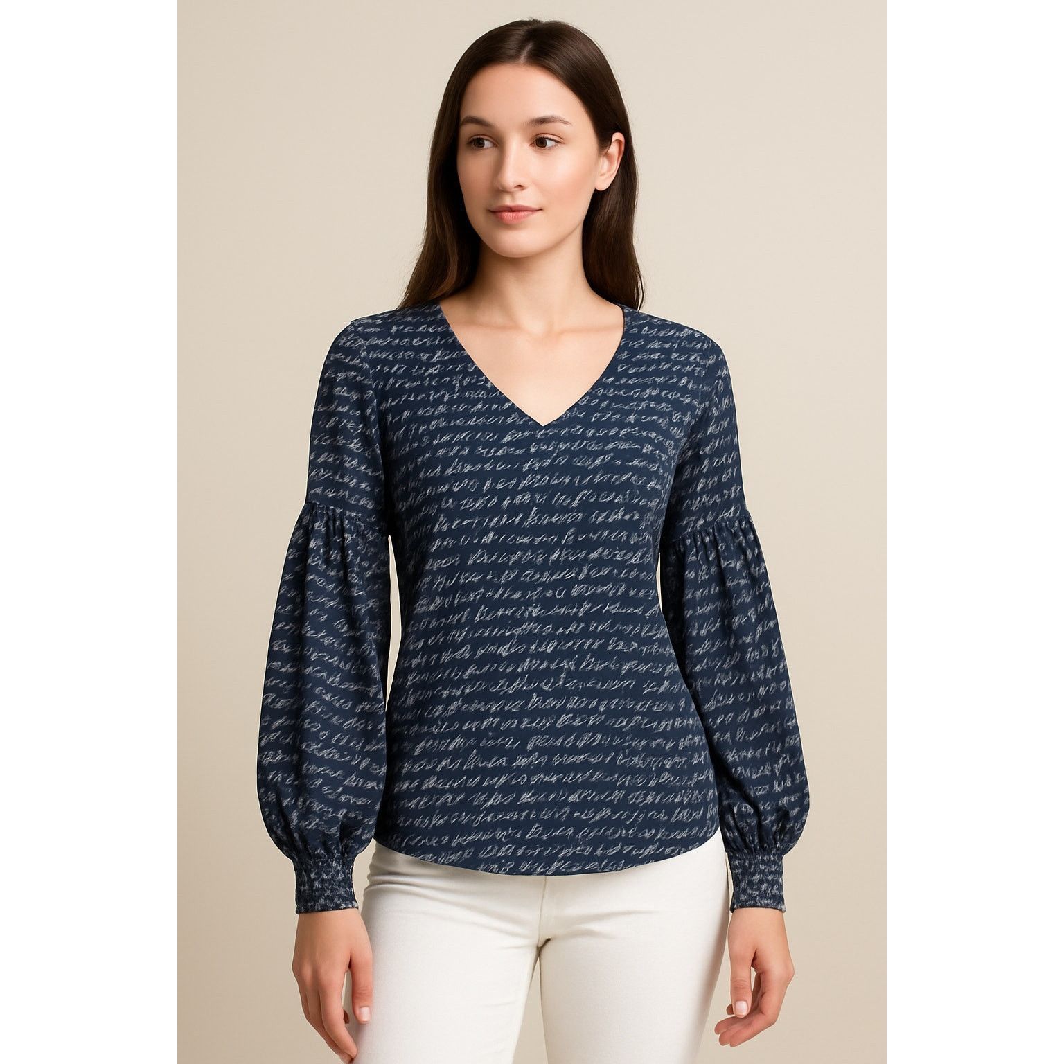 Other Boho Script Print Balloon Sleeve Navy Blouse Cabi Size M Size M / US 6-8 / IT 42-44 - 1 Thumbnail