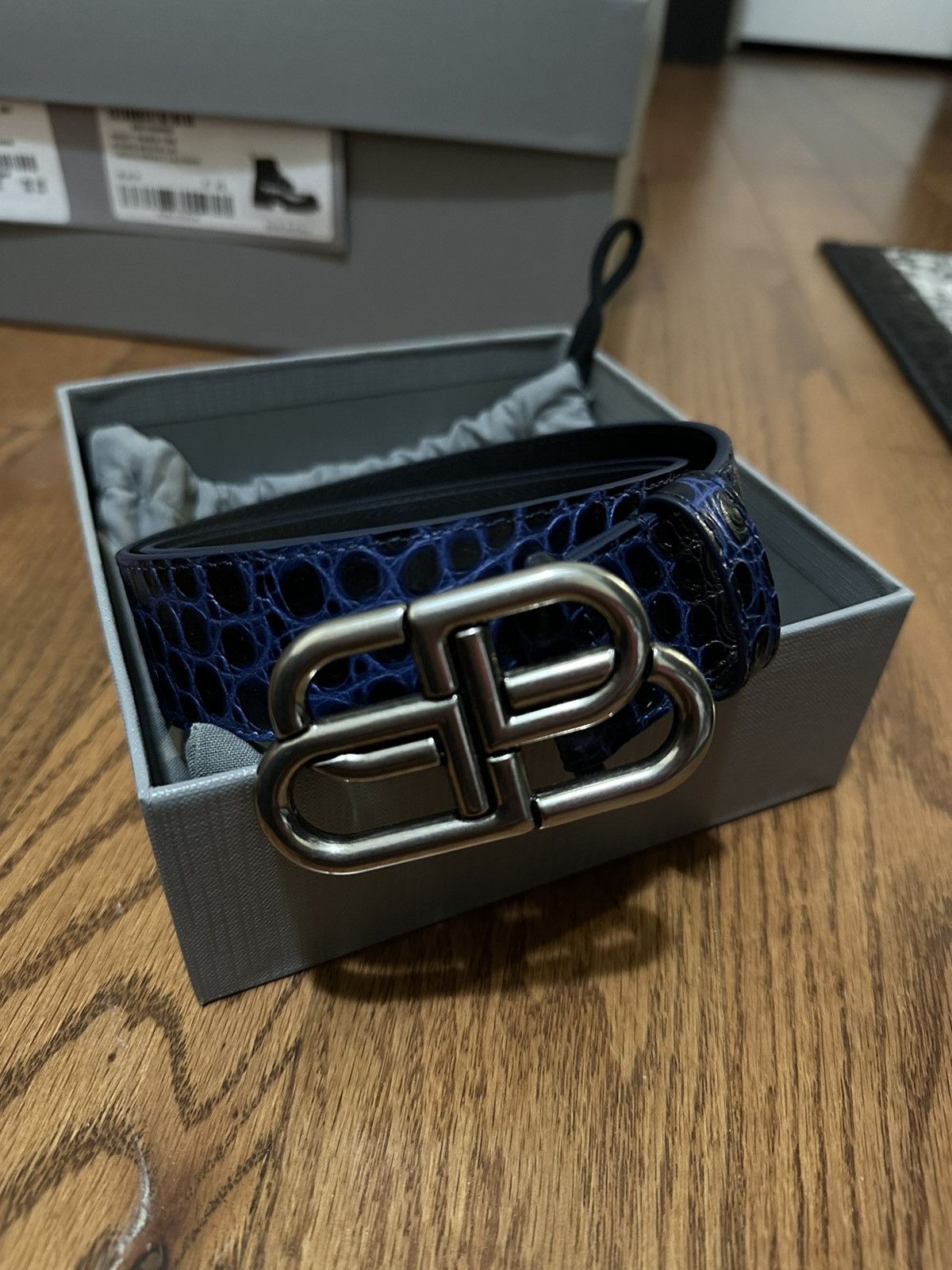 Pre-owned Balenciaga Bb Croc Belt In Navy