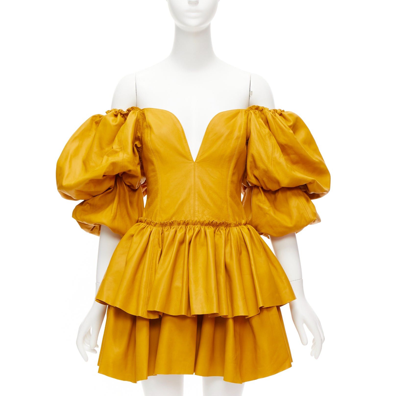 AJE 2019 Castellain mustard yellow leather puff sleeve tiered mini dress UK6 XS