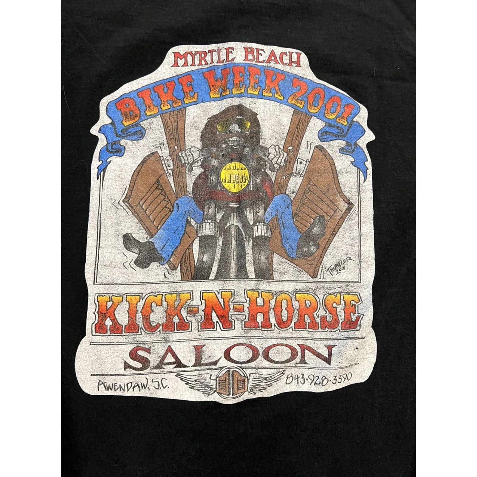 Fruit Of The Loom VINTAGE Kick-N-Horse Saloon Button Black T-Shirt Mens L Cotton 2001 Awendaw SC Size US L / EU 52-54 / 3 - 3 Thumbnail