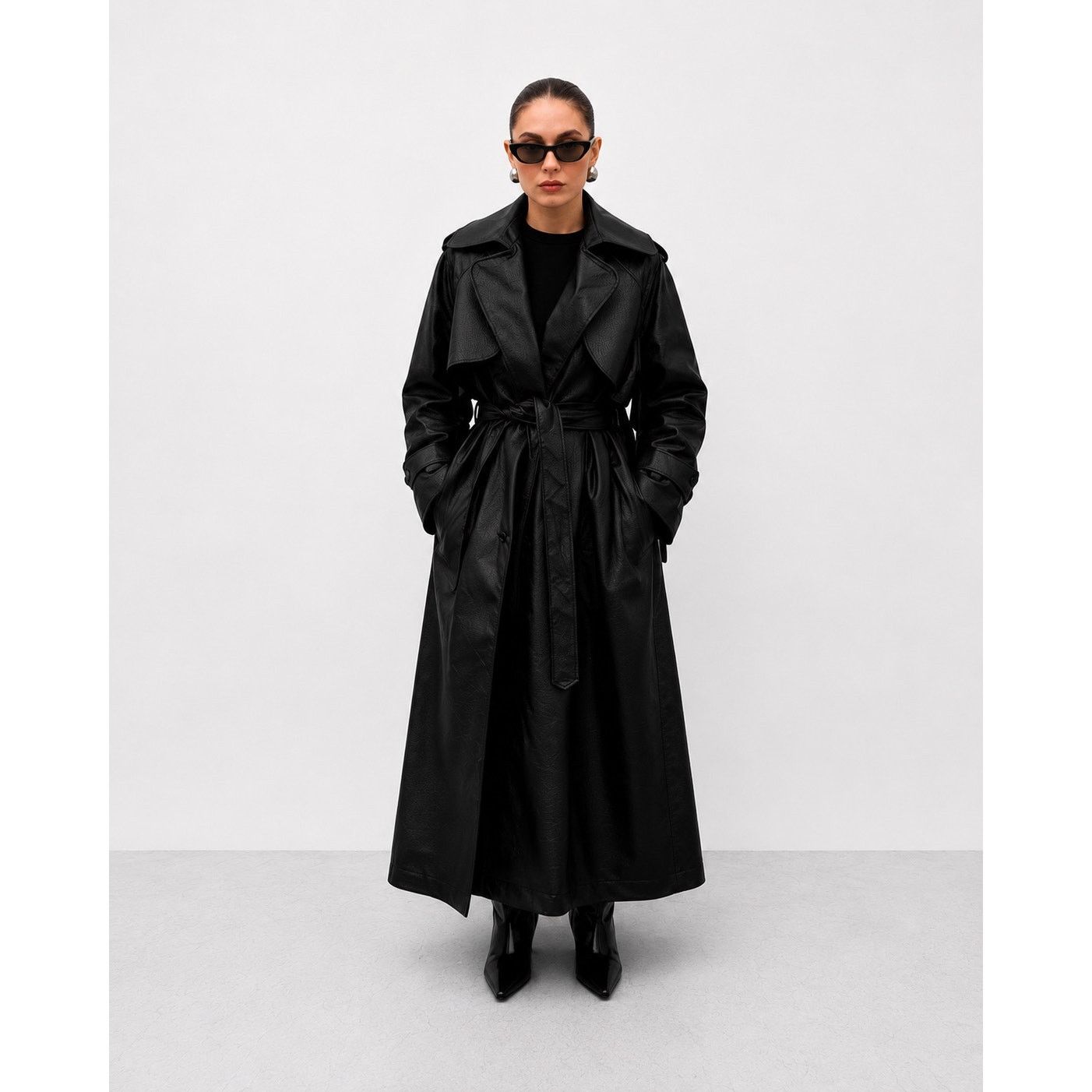 Other Black Faux Leather Trench Coat Women Long Belted Classic Size ONE SIZE - 1 Thumbnail