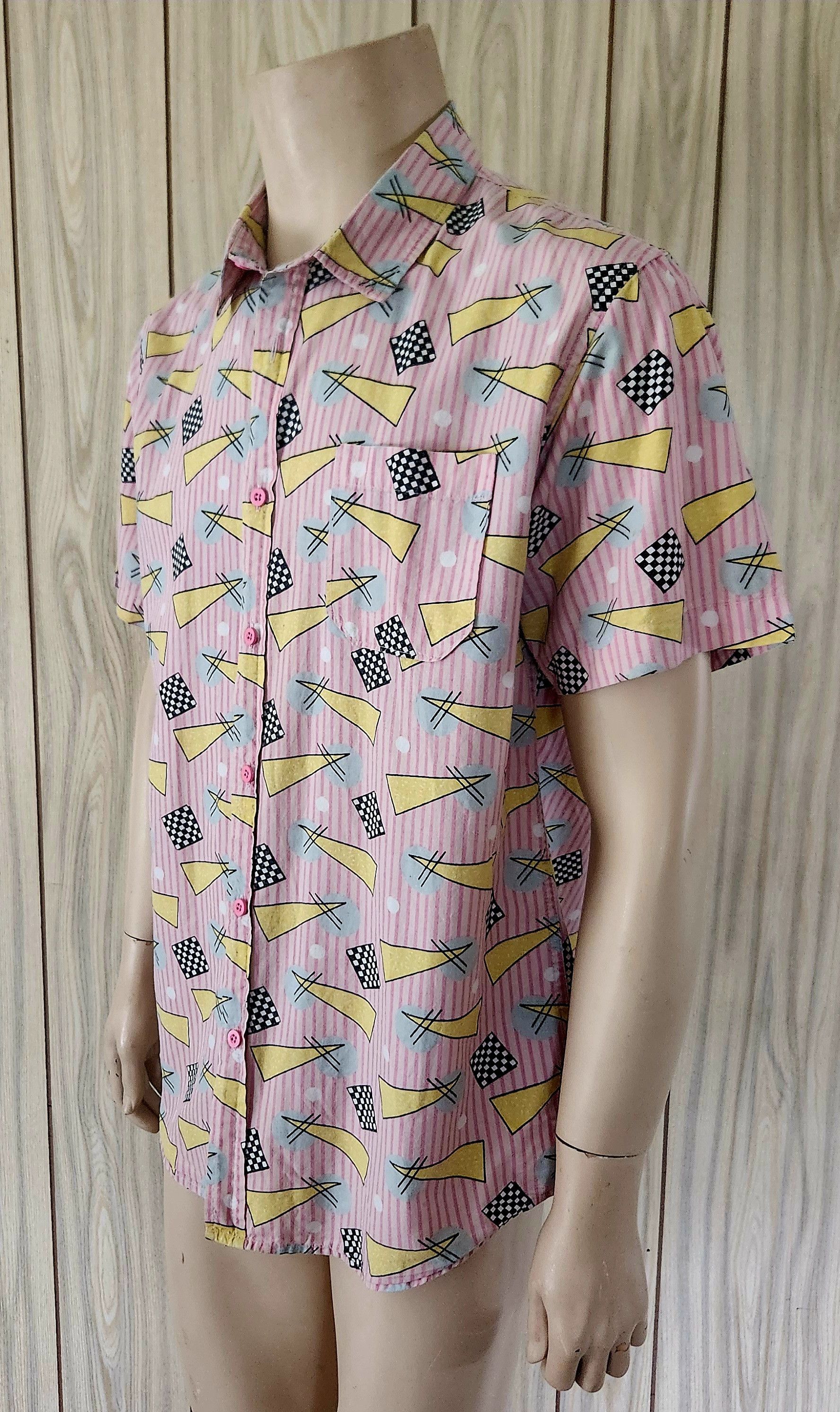 Vintage New Wave shirt L men's pink cotton short sleeve 1980s Size US L / EU 52-54 / 3 - 2 Thumbnail