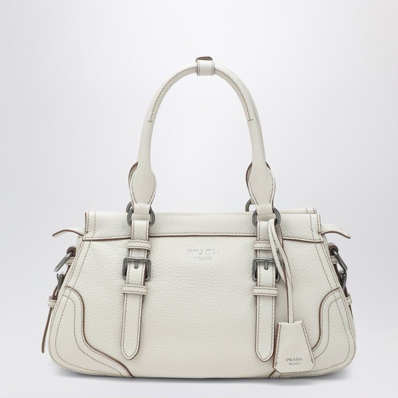 Prada Large Shopping Bag In Talc-Colored Leather