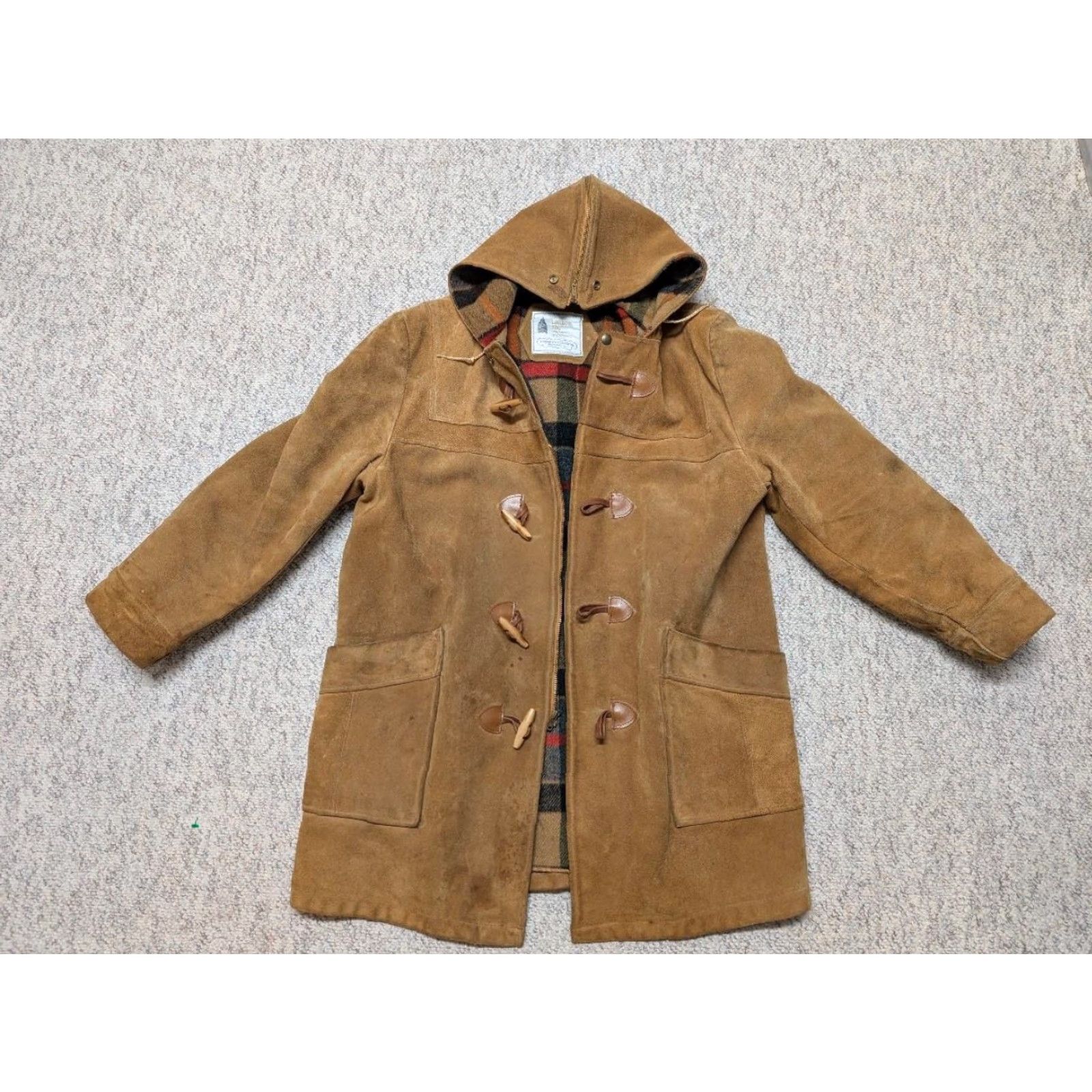 London Fog VINTAGE London Fog Duffle Coat Leather Cowhide Split-Suede 42 Brown Hooded Wool Lined M Mens Coat Jacket Size US M / EU 48-50 / 2 - 4 Thumbnail