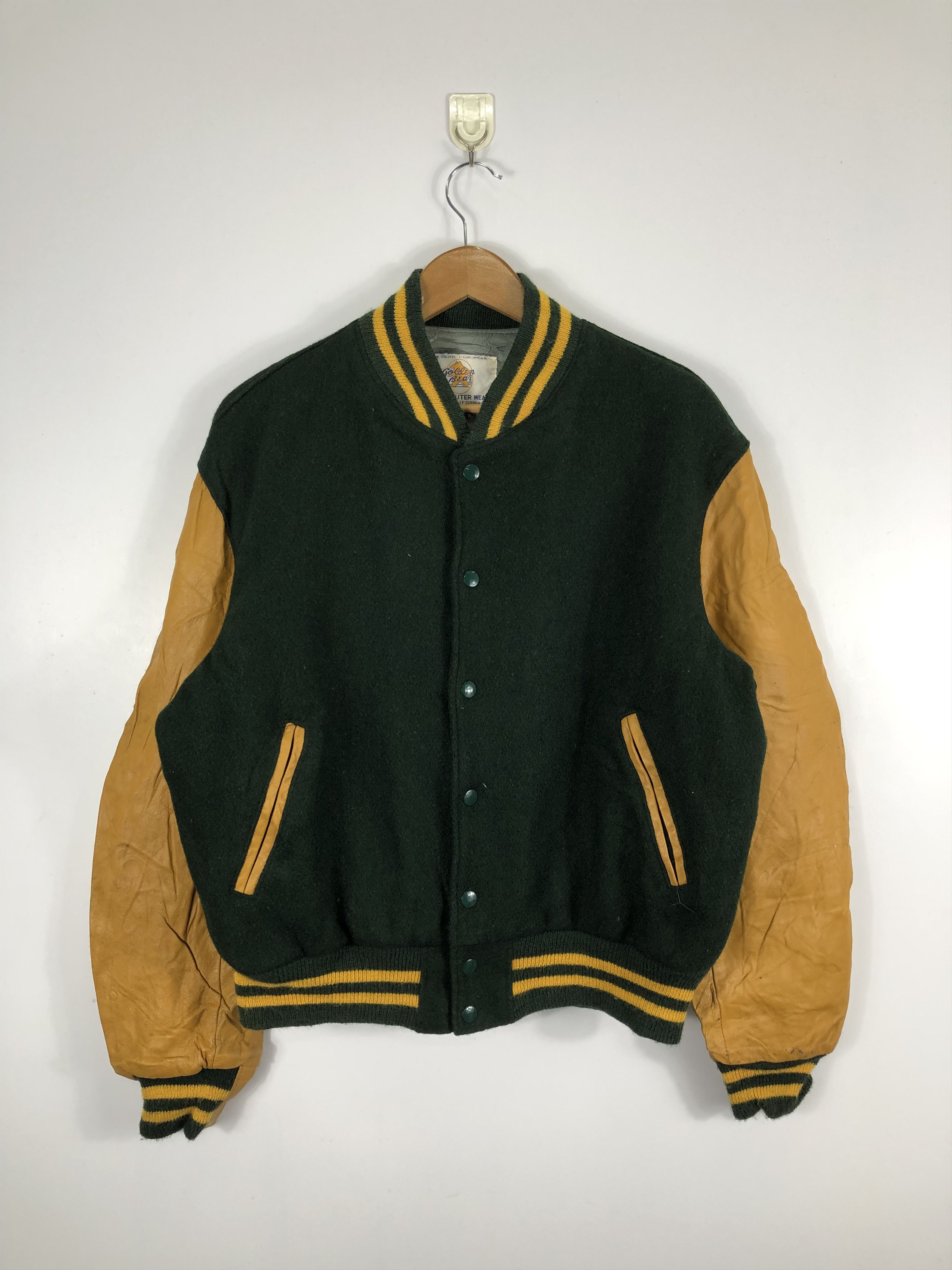 image of Vintage 80's Golden Bear Varsity Jacket Green Leather Sleeve, Men's (Size Large)