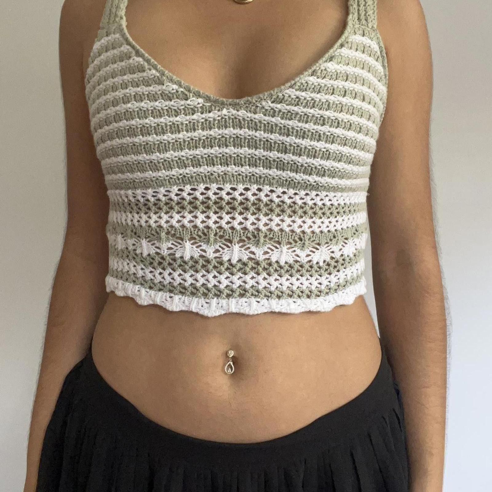 Other Cream and green striped crochet vest top #crochet Size XS / US 0-2 / IT 36-38 - 1 Thumbnail