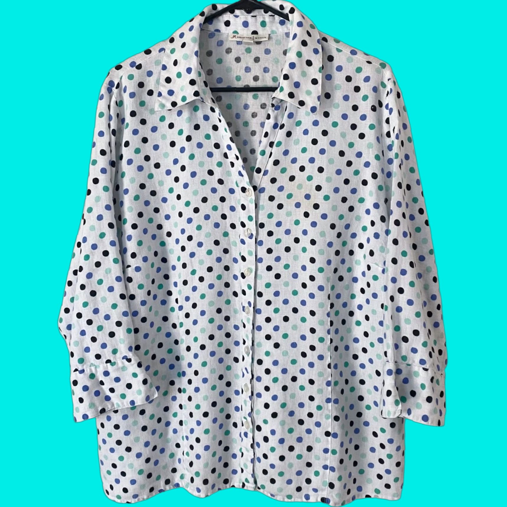 JM Collection VINTAGE JM Collection Linen Polka Dot Button-Up Shirt Blouse White Womens 18W Plus Size 18W (No, not vintage since not specified) Size XXL / US 16-18 / IT 52-54 - 1 Thumbnail