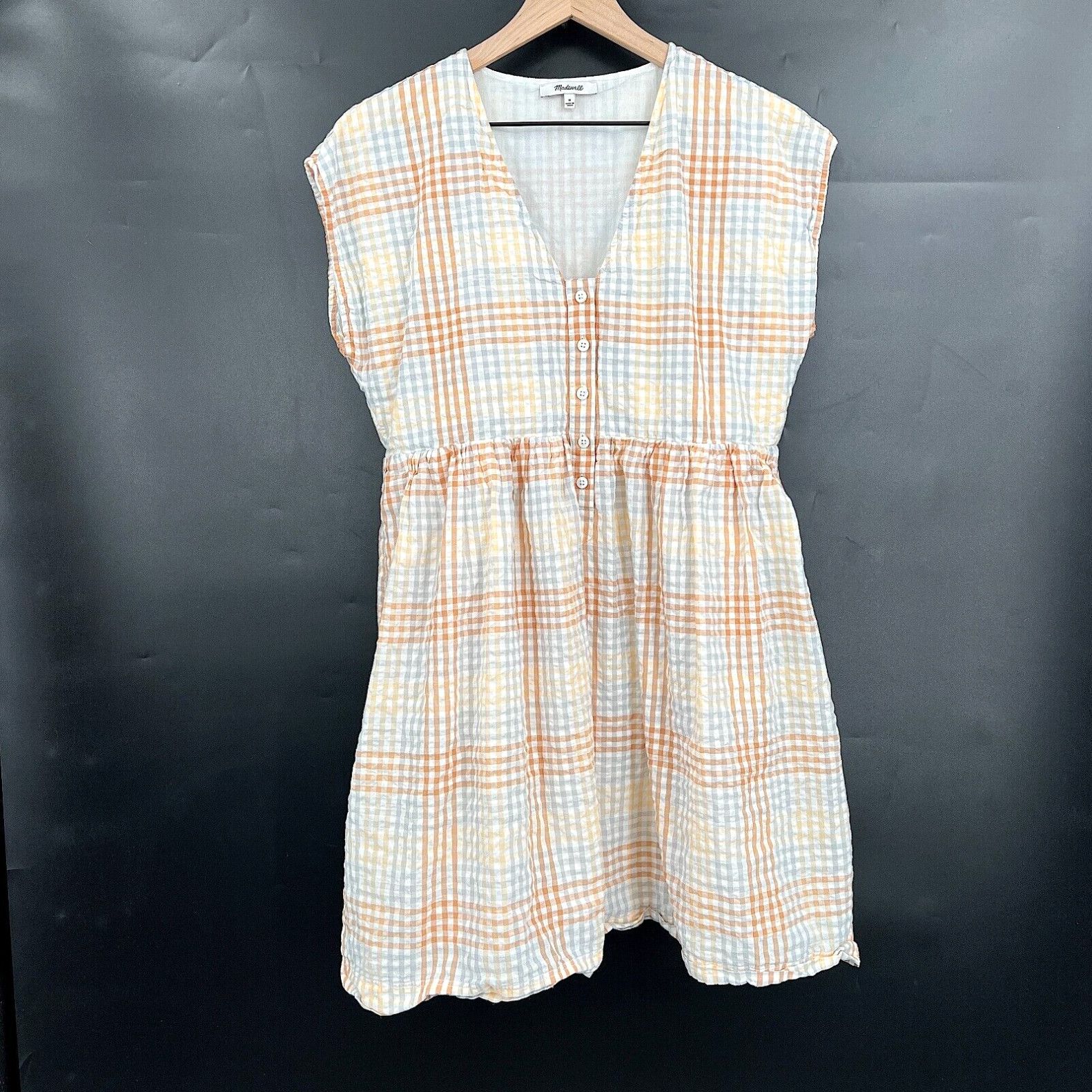 image of Madewell Cap-Sleeve Button-Front Mini Dress Plaid Checks Seersucker Summer M in White, Women's (Siz