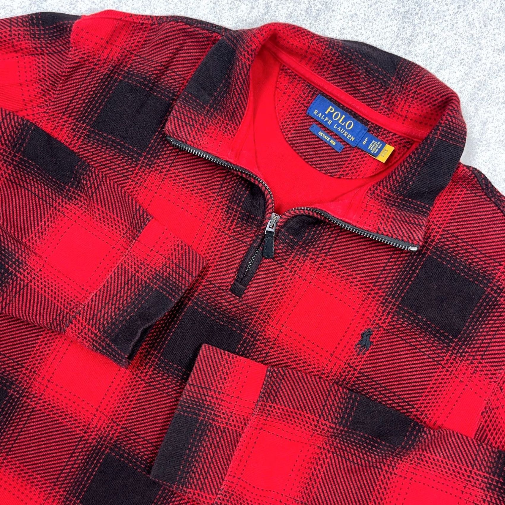 Polo Ralph Lauren Polo Ralph Lauren Sweater Men Large Red Black Buffalo Plaid Pullover Estate Rib Knit Mock Neck 1/4 Zip All Seasons Size US L / EU 52-54 / 3 - 2 Thumbnail