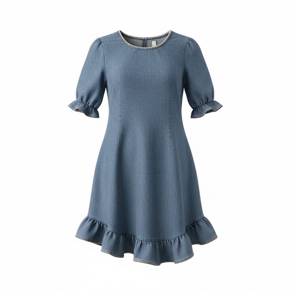 Shein SHEIN Women’s Large Blue Denim Ruffle Hem Dress Short Sleeve Size L / US 10 / IT 46 - 1 Thumbnail