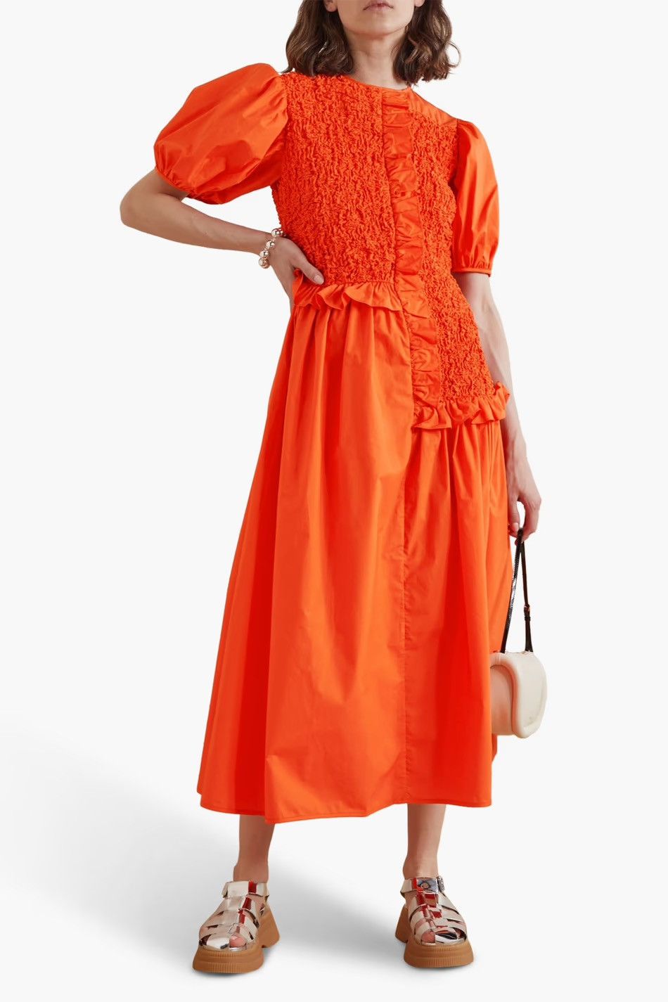 image of Cecilie Bahnsen Camden Ruffled Smocked Poplin Midi Dress in Orange, Women's (Size XS)