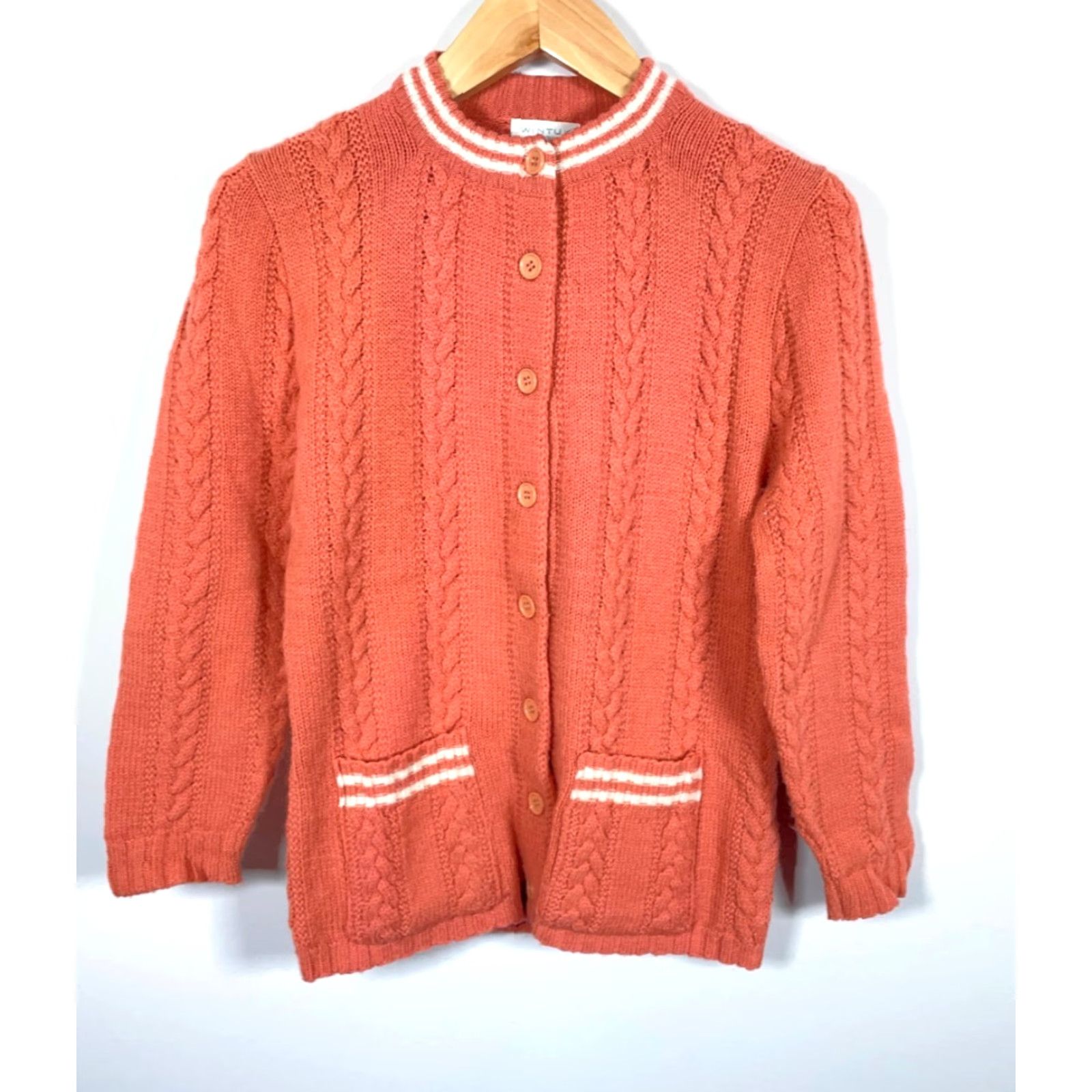Pinko VINTAGE Wintuk Cardigan Women's Small Coral Pink Orange Cable-Knit Lightweight Crew Neck Sweater Fall Winter 70s Size S / US 4 / IT 40 - 2 Thumbnail