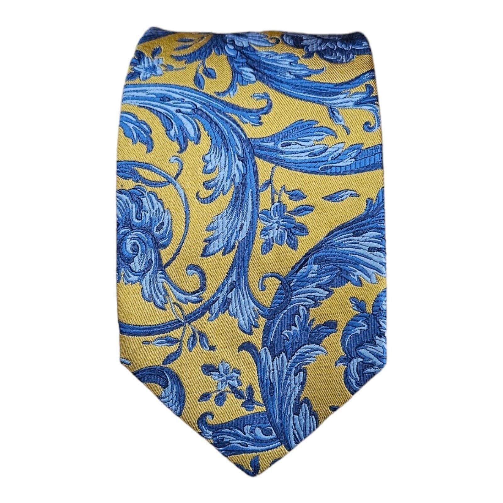 image of Versace Current Paisley Silk Tie Italy 60"/ 3.4" in Yellow/Blue, Men's