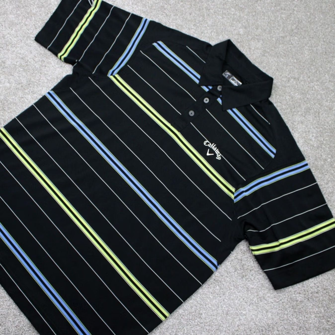Callaway Callaway Polo Shirt Mens XL Black w/ Yellow/Blue Stripes Short Sleeve Polo Golf Logo Striped Breathable 100% Polyester Regular Fit Size US XL / EU 56 / 4 - 3 Thumbnail