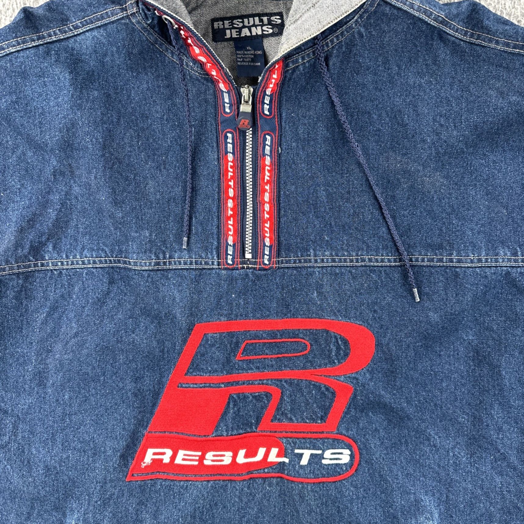 Vintage VINTAGE Results Jeans XL Embroidered Blue Denim Hooded 1/4 Zip Anorak Jacket 90s Mens Size US 36 / EU 52 - 6 Thumbnail