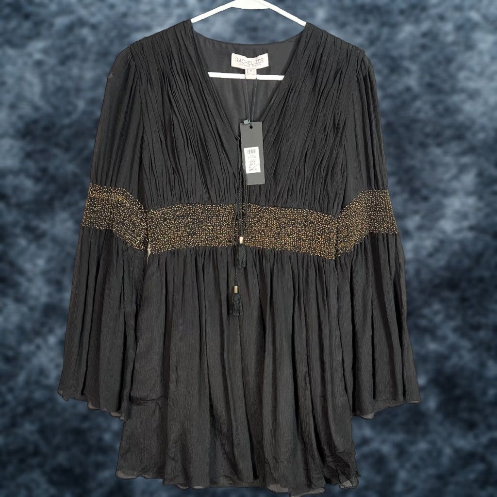 Rachel Zoe NWT Black Rachel Zoe Embellished Crinkled Silk Chiffon Dress Mini Size 8 Womens Size M / US 6-8 / IT 42-44 - 1 Thumbnail