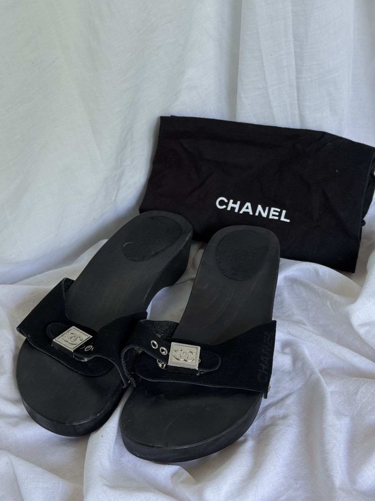 Chanel CHANEL “CC” Buckle Black Suede Clogs Sandals Flip flops Size US 8 / IT 38 - 1 Thumbnail