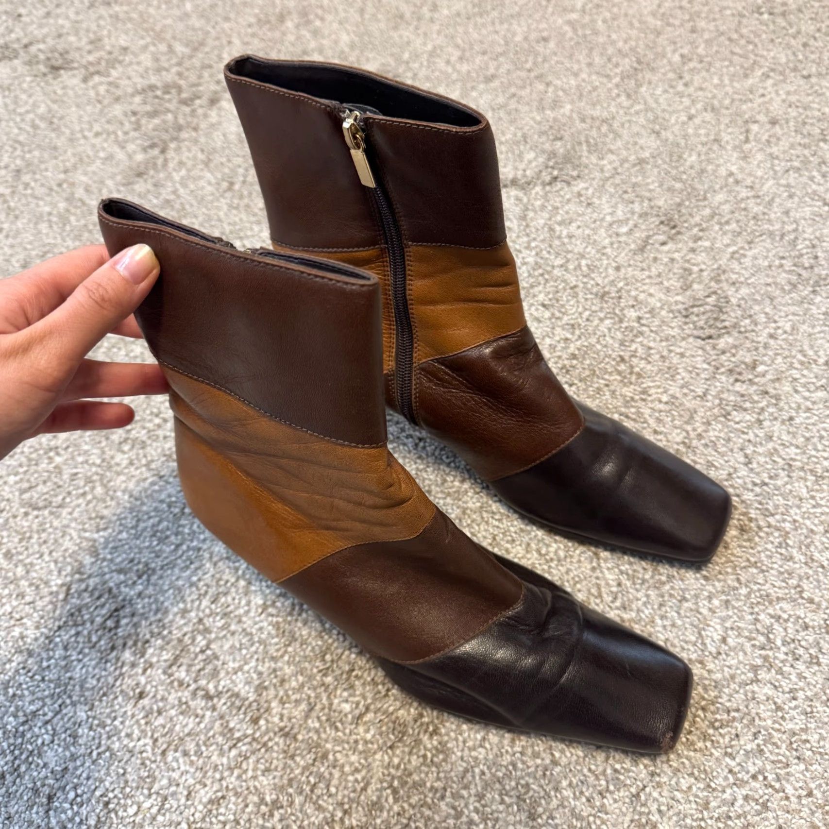 Vintage Y2K Vintage Leather Square Toe Ankle Boots 8 Brown Patchwork 70s Block Heel Size US 8 / IT 38 - 2 Thumbnail
