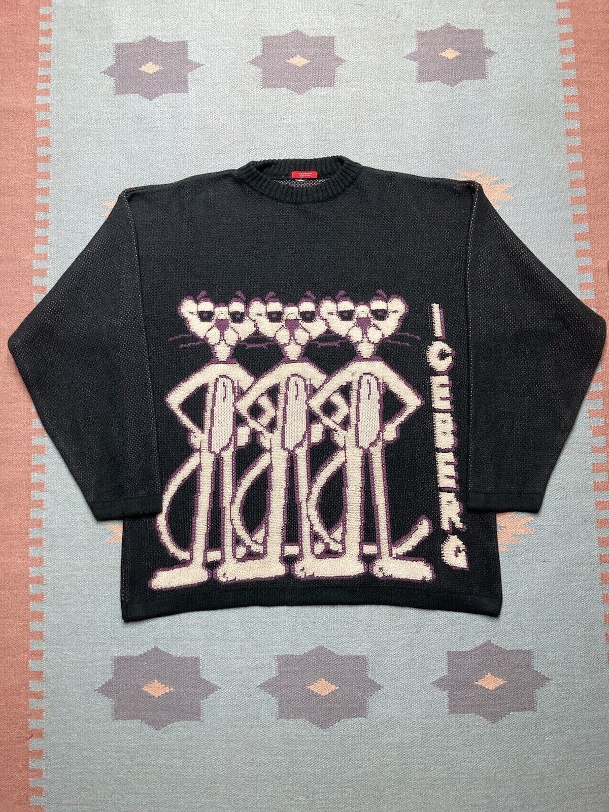 image of VTG Iceberg Knit Sweater Pink Panther Acrylic Made Italy 2Xl in Black, Men's