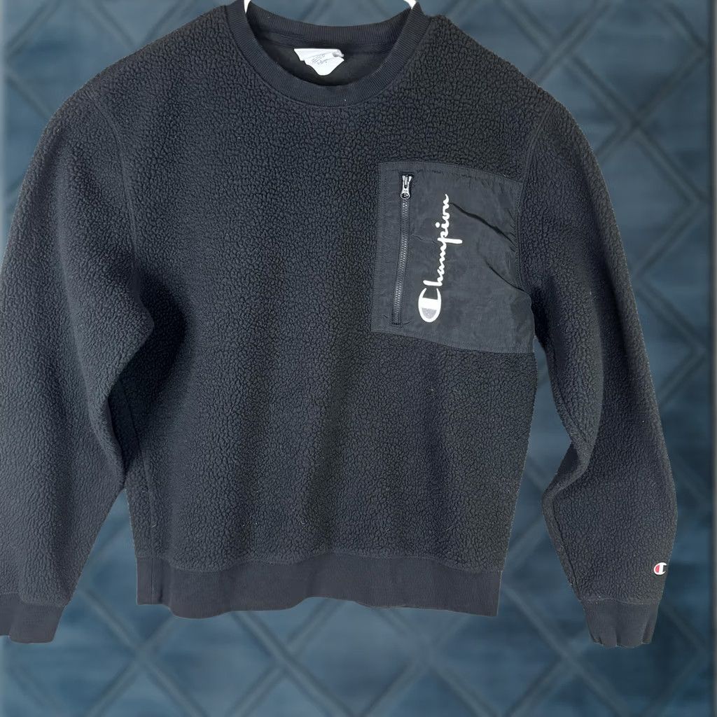 Champion Champion Sweatshirt Mens Medium Black Sherpa Fleece Pullover Logo Chest Pocket Size US M / EU 48-50 / 2 - 1 Thumbnail