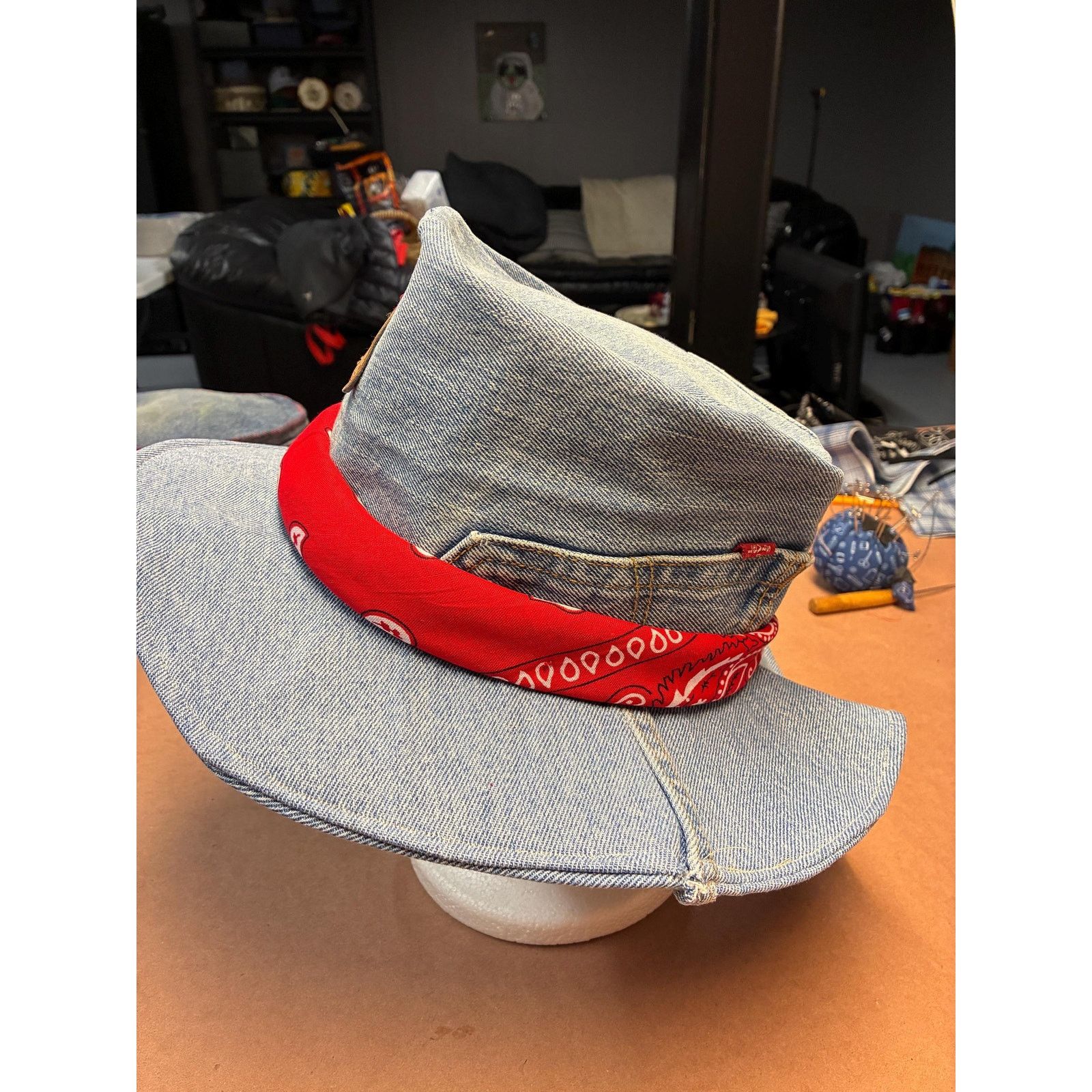 Other The Rodeo — Upcycled Denim Western Hat, Red Bandana Band, Size ONE SIZE - 7 Thumbnail