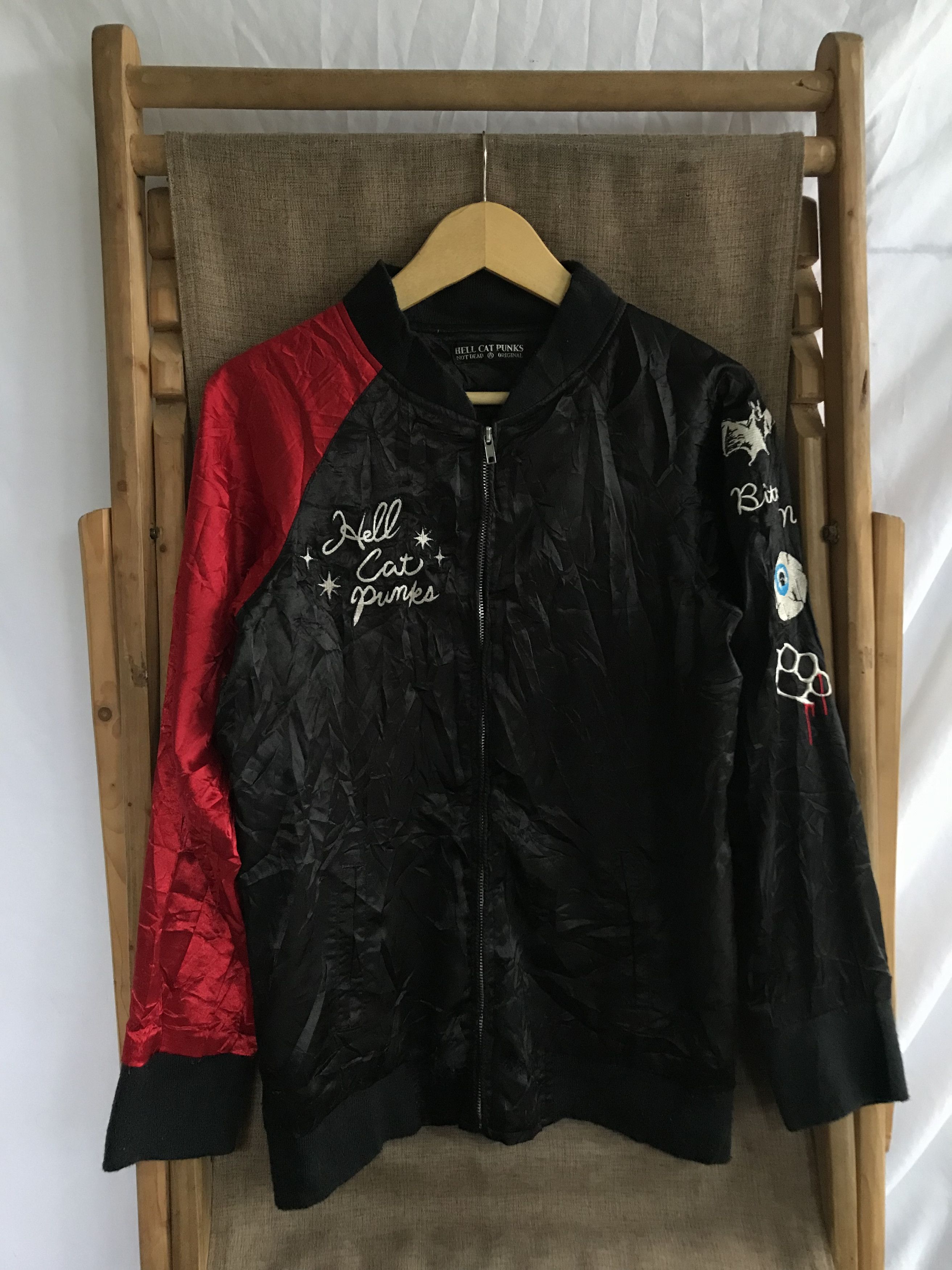 image of 14Th Addiction x Hysteric Glamour Hell Cat Punks Two Tone Embroidery Sateen Jacket in Black/Red (Si