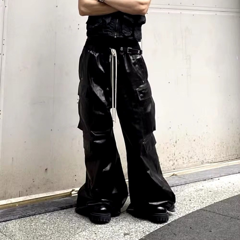 Japanese Brand × Leather RO Style Glossy Black Pu Leather Wide Leg Drawstring Cargo Size US 31 - 2 Thumbnail
