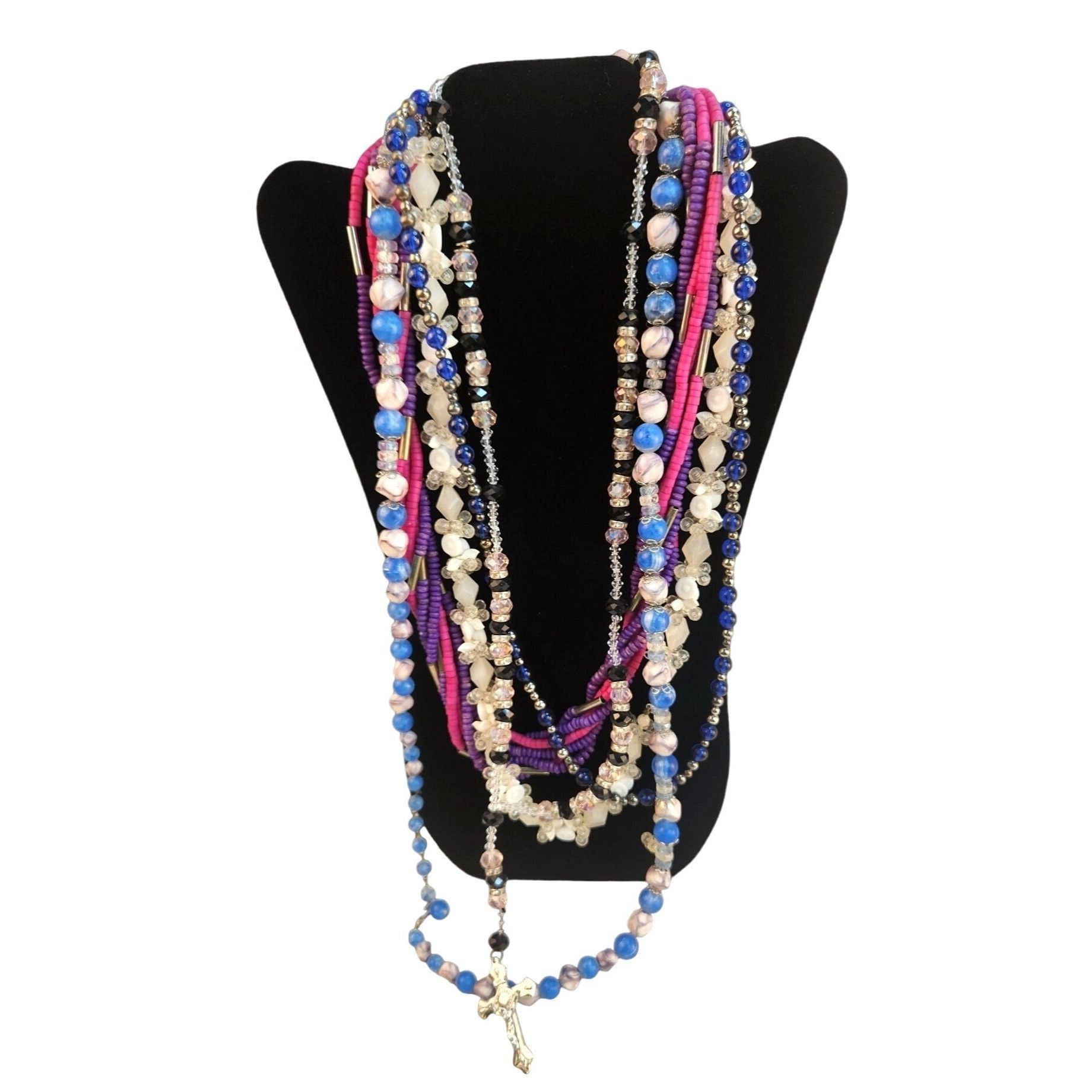 Other Multicolor Beaded Necklace Set With Rosary Cross & Stretch B Size ONE SIZE - 1 Thumbnail