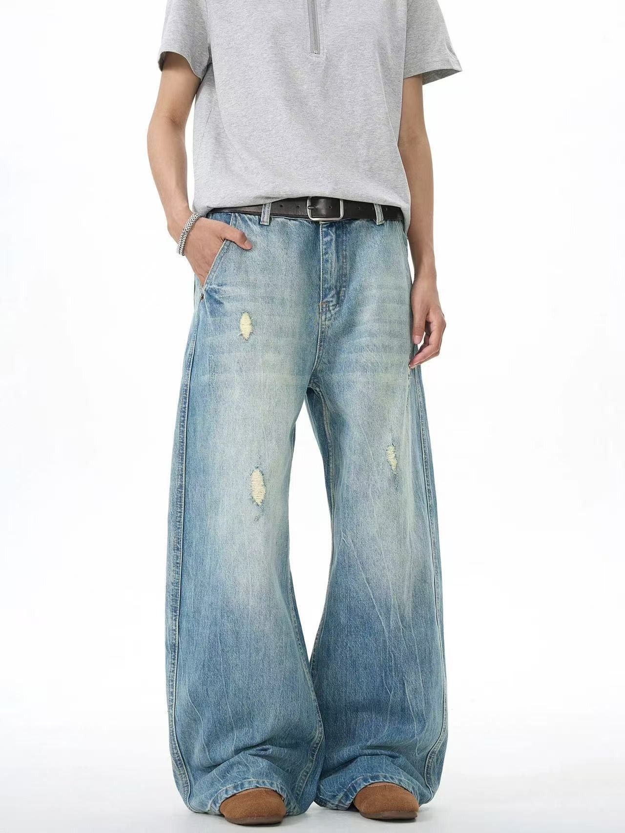 Japanese Brand American men's loose wide-leg vintage ripped washed jeans Size US 32 / EU 48 - 4 Thumbnail