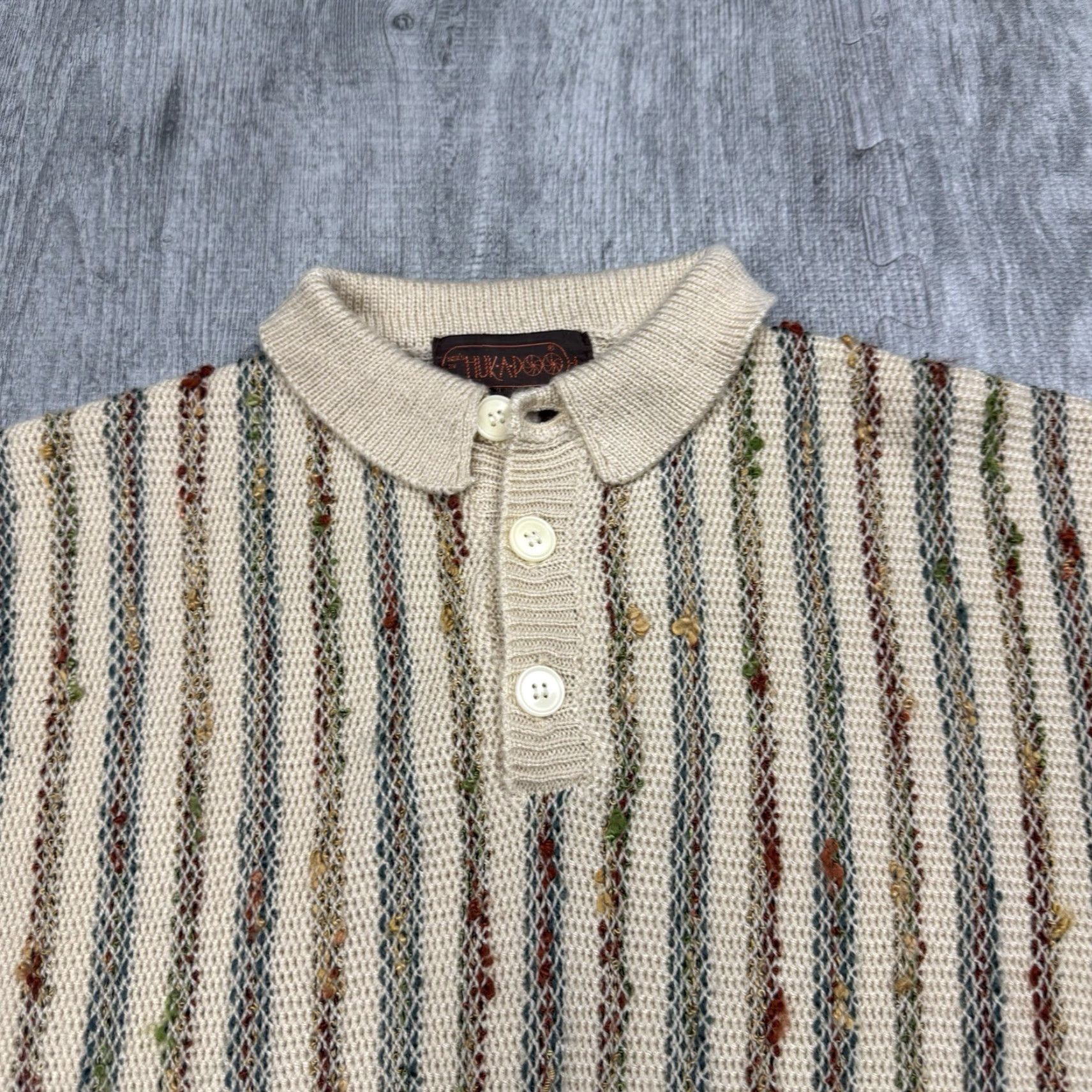 Vintage VTG 70S HUK-A-POO MENS TEXTURED RAG STRIPED KNIT COLLARED SWEATER HIPPY BOHO L Size US L / EU 52-54 / 3 - 2 Thumbnail