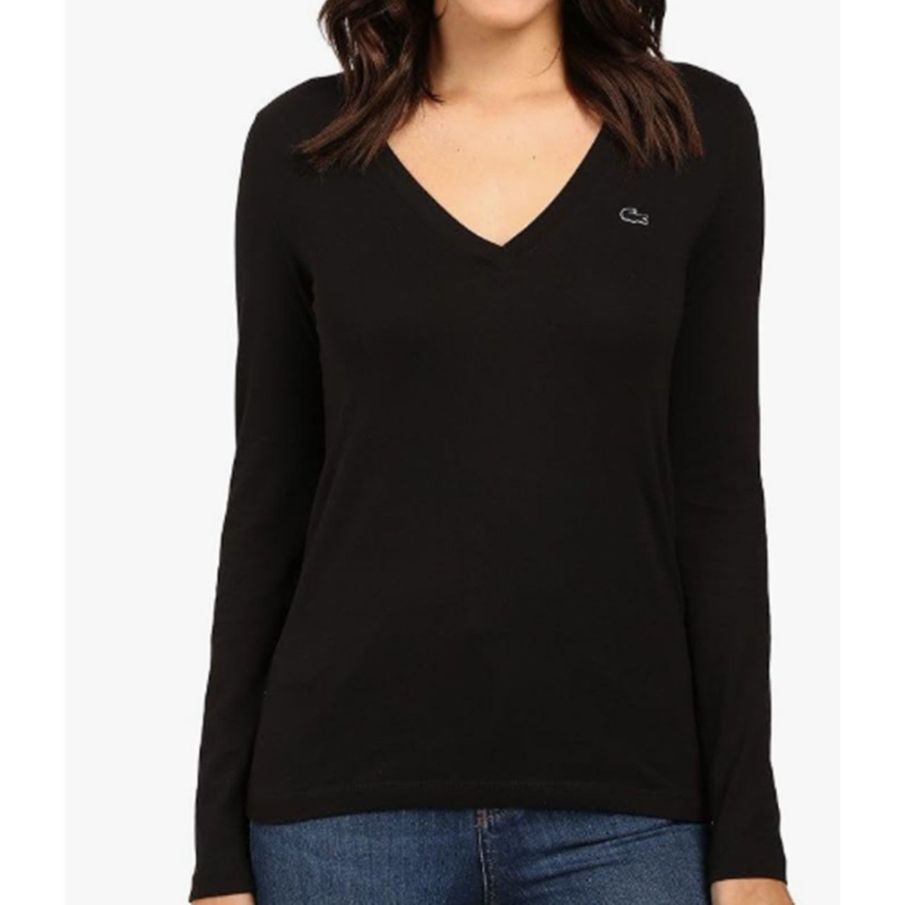 Lacoste Lacoste Women's Long Sleeve Cotton Jersey Veneck Tee Black 0 Size XS / US 0-2 / IT 36-38 - 1 Thumbnail