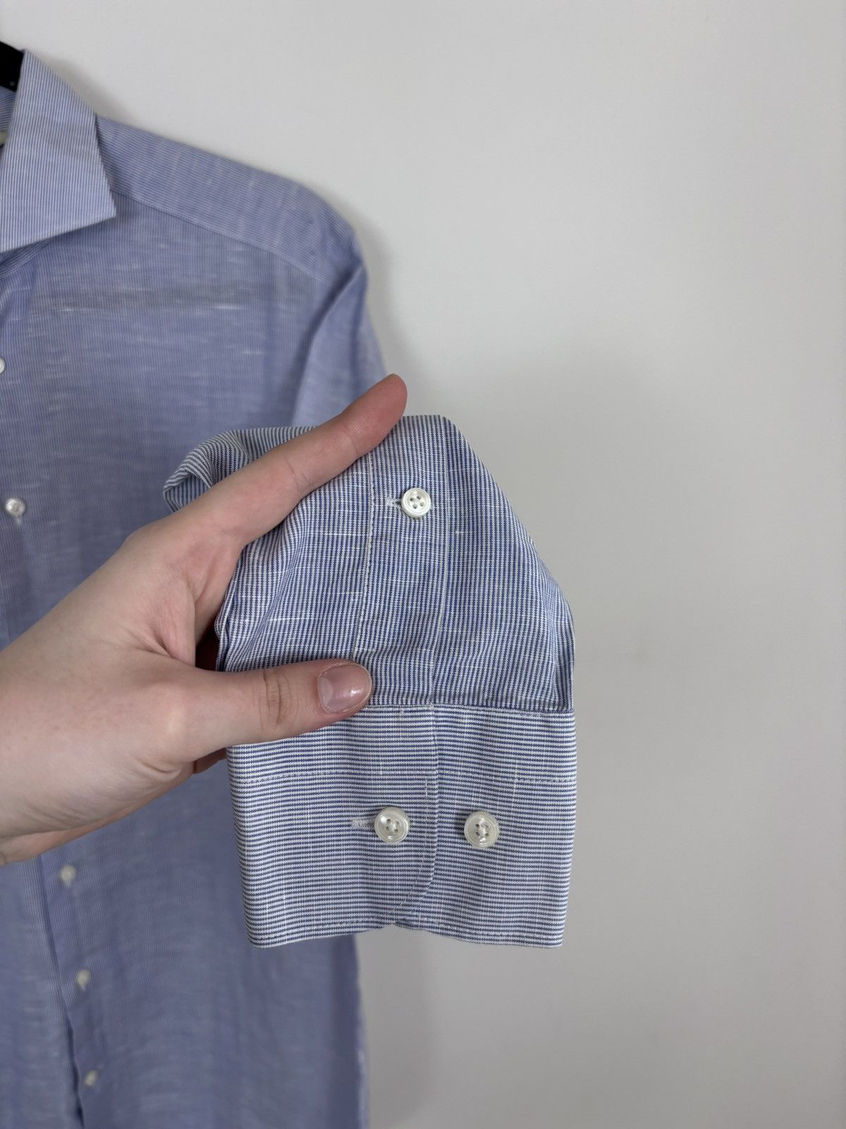 Suitsupply Suitsupply Light Blue Striped Cotton Linen Button Up Shirt Size US S / EU 44-46 / 1 - 9 Thumbnail