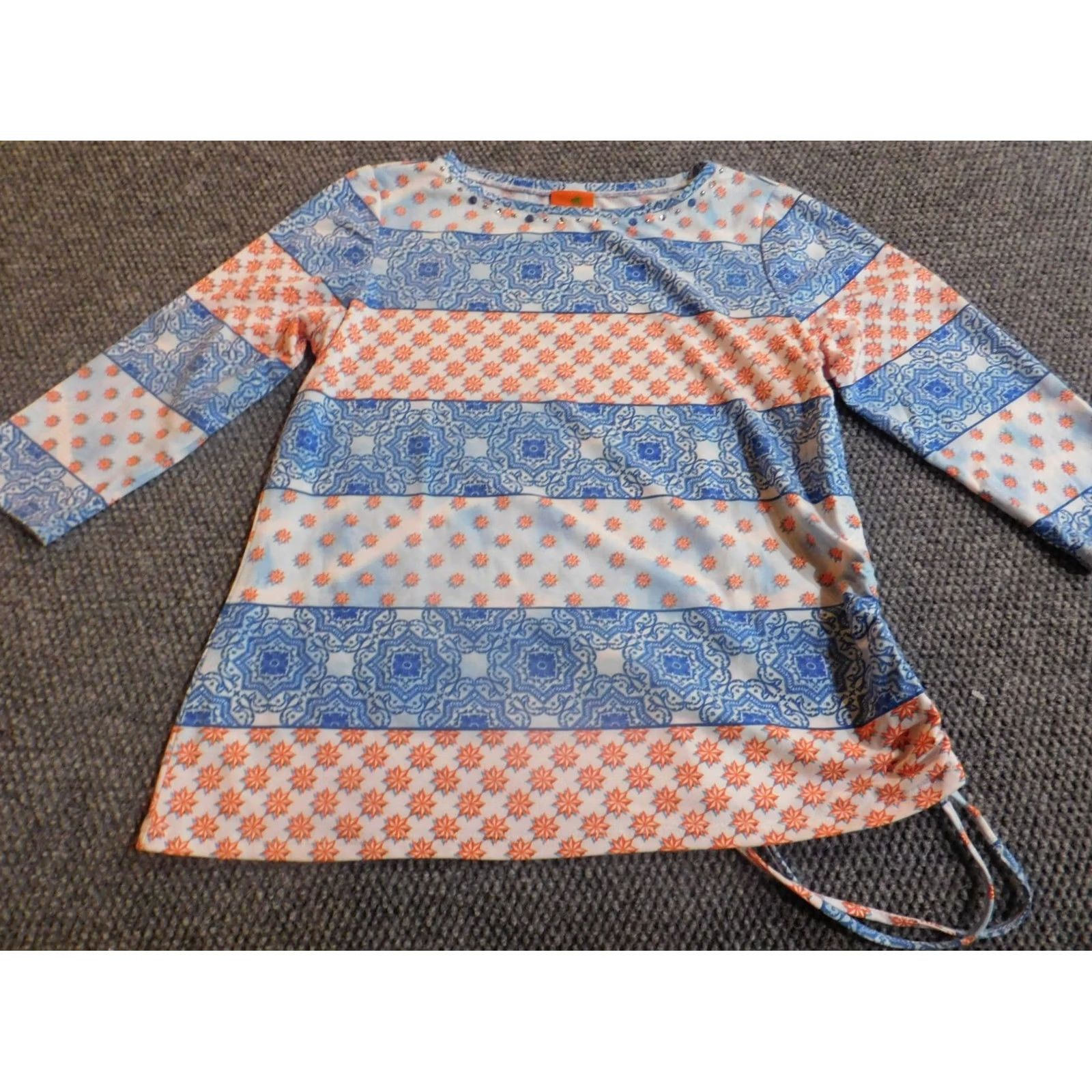 Vintage Hearts of Palm Blouse Womens M Blue Striped Crew Neck Pullover Long Sleeve Polyester Ruffle Casual Regular Vintage No Size M / US 6-8 / IT 42-44 - 2 Thumbnail