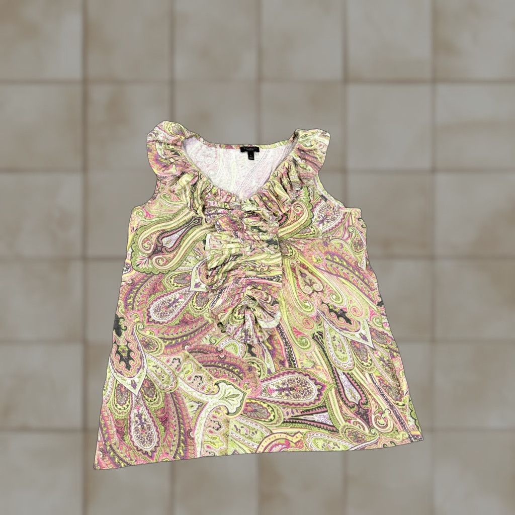 Talbots Talbots Blouse Womens L Green Pink Paisley Sleeveless V-Neck Pullover Casual Boho Peasant Stretch All Seasons Size L / US 10 / IT 46 - 1 Thumbnail
