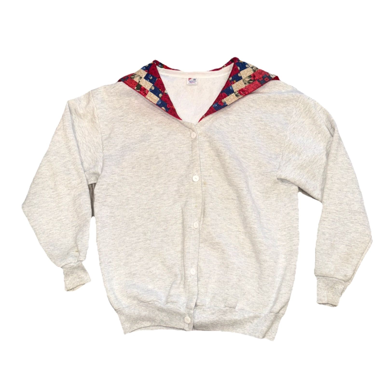 Jerzees VINTAGE JERZEES Cardigan Sweatshirt Gray XL Womens 1980s Grandma Cotton Polyester Quilt Scarf Cape USA Size XL / US 12-14 / IT 48-50 - 2 Thumbnail