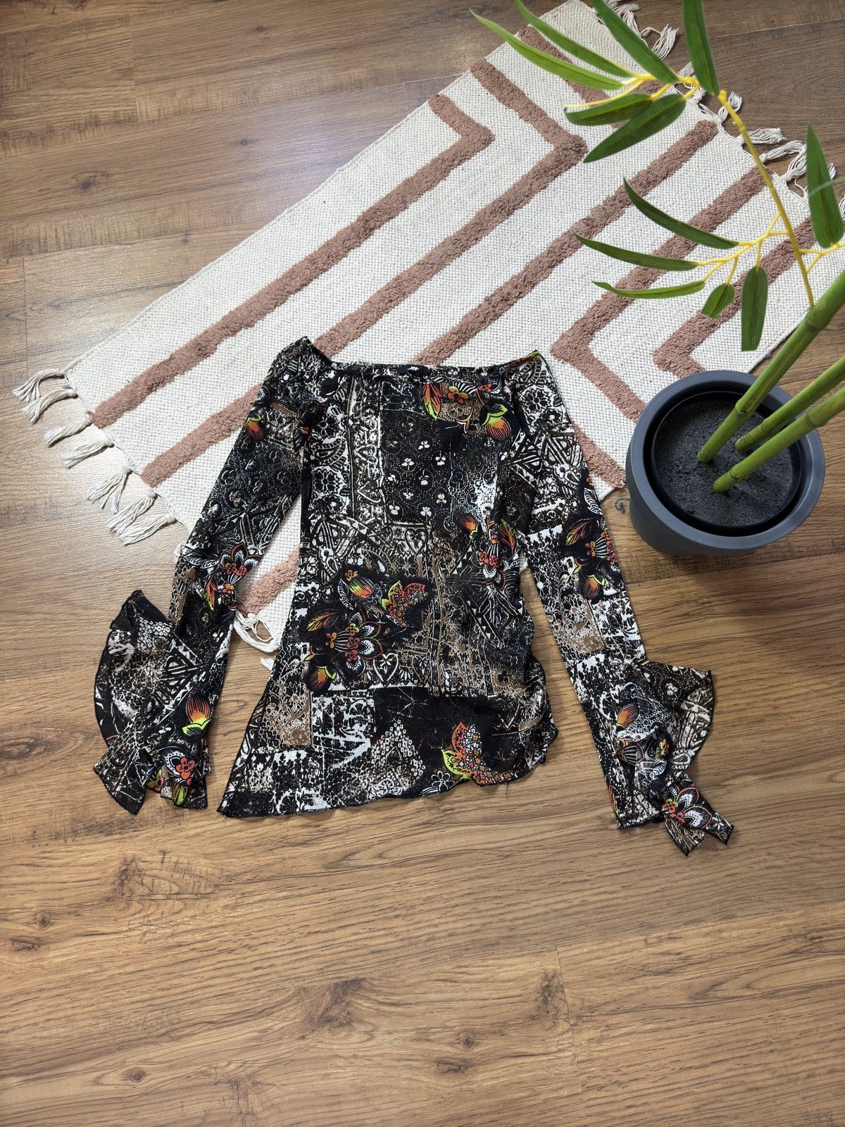 Vintage JET PRINTED MESH LONG SLEEVE BLOUSE Size S / US 4 / IT 40 - 1 Thumbnail