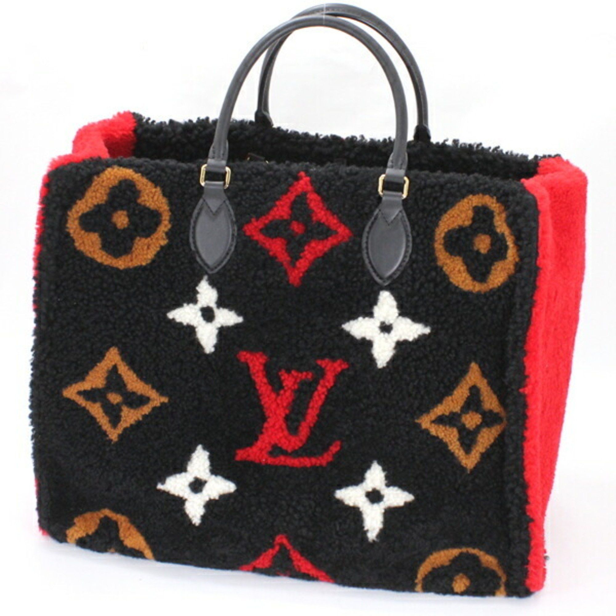 image of Louis Vuitton Bag On The Go Gm Monogram Teddy Fluffy Shearling Black Red Tote Shoulder Handbag M554
