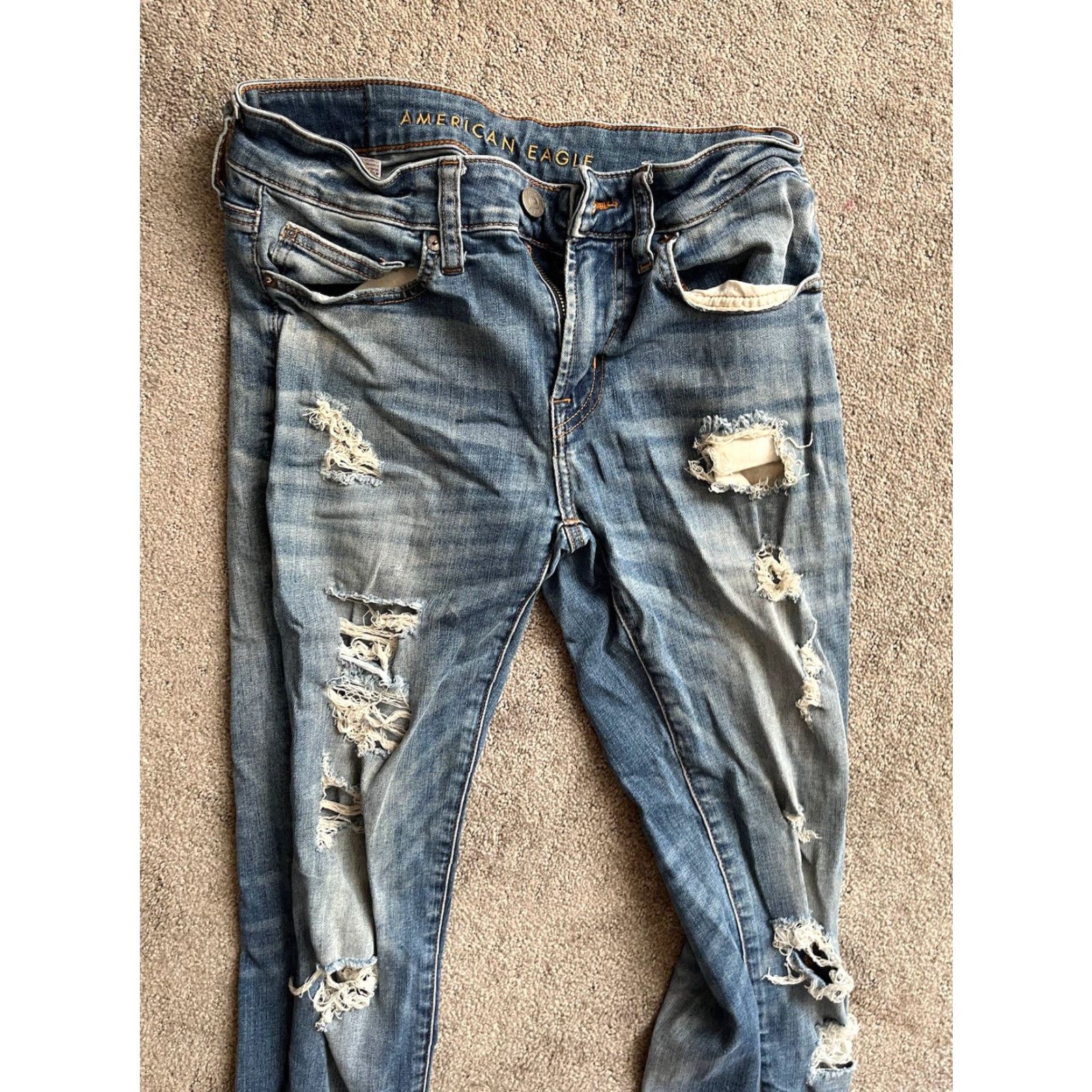 American Eagle Outfitters American Eagle Outfitters Jeans Men's Skinny 28x32 Light Wash Blue Destroyed Distressd Mens Size US 28 / EU 44 - 4 Thumbnail