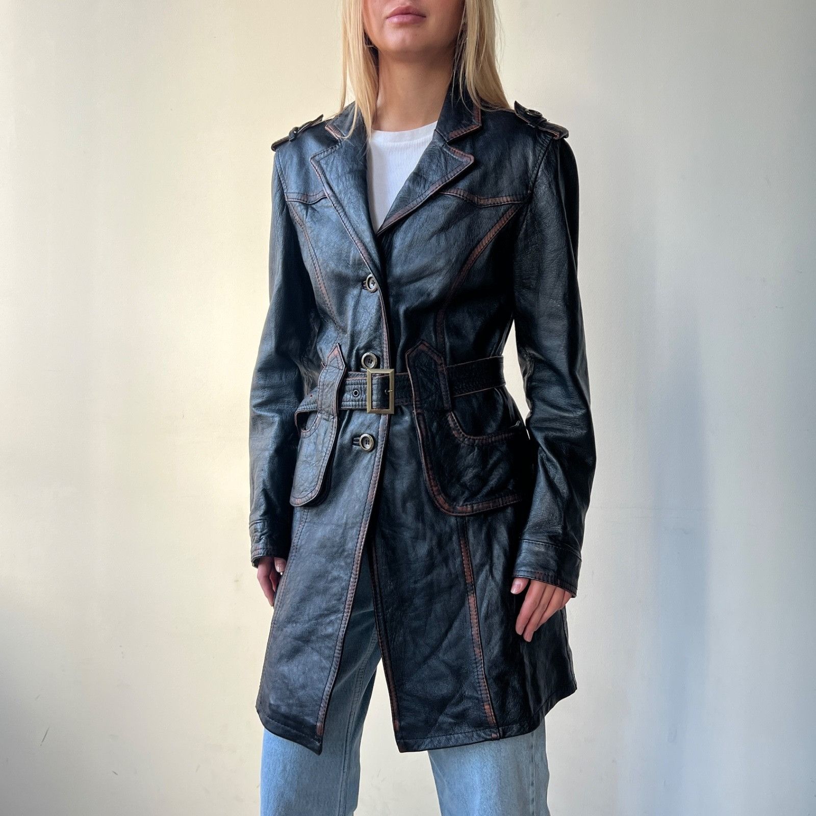 Vintage Vintage Italian Leather Trench Coat Belted Coat 9731AC Size S / US 4 / IT 40 - 3 Thumbnail