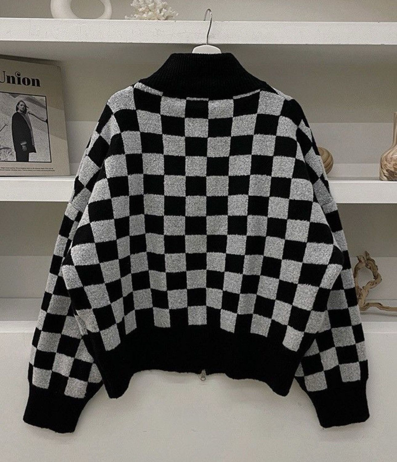 Japanese Brand × Vintage Fashion black checkered plaid knit jacket cardigan Size US XL / EU 56 / 4 - 4 Thumbnail