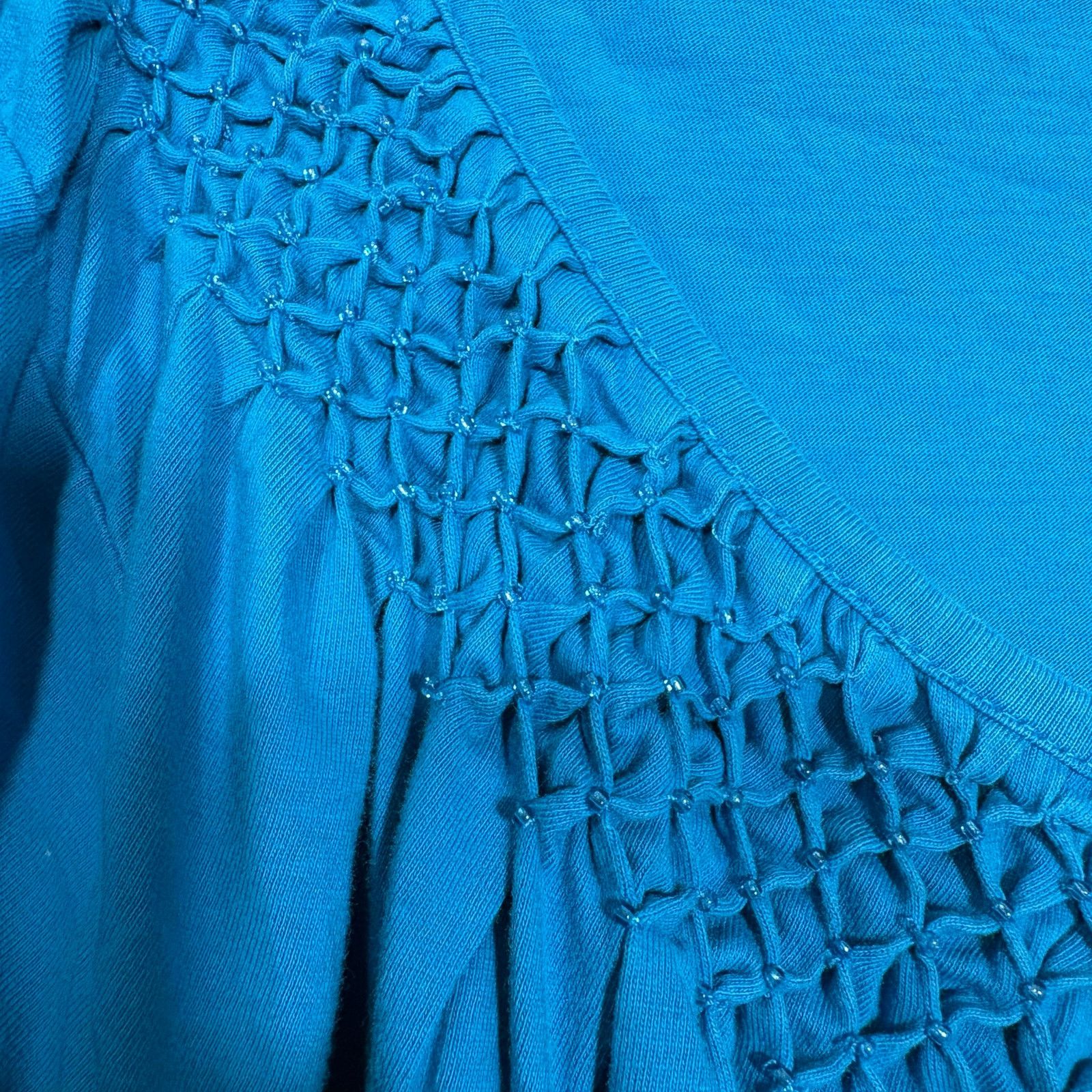 Other Stephanie Rogers Blue Y2K Boho Smocked Beaded Neck Top Size XXL / US 16-18 / IT 52-54 - 4 Thumbnail