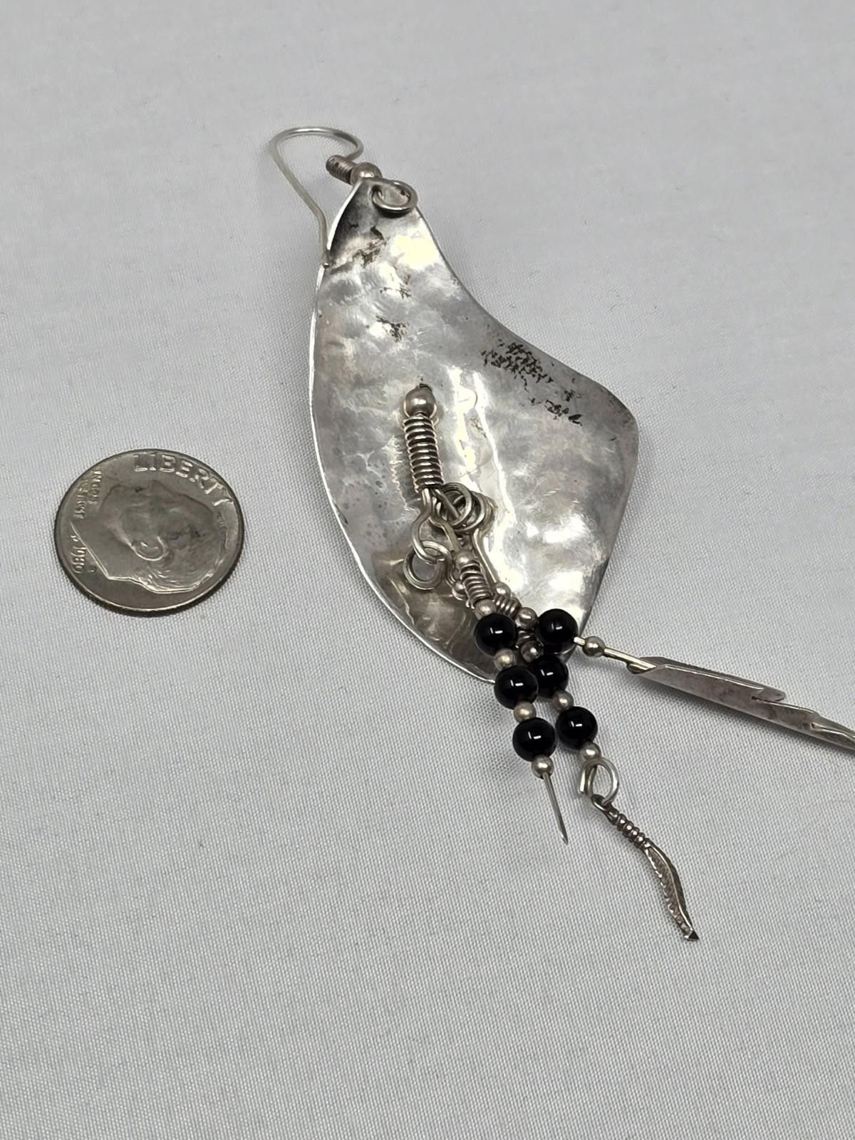 Native Handmade Sterling Silver Feather Dangle Earrings- HEAVY Size ONE SIZE - 6 Thumbnail