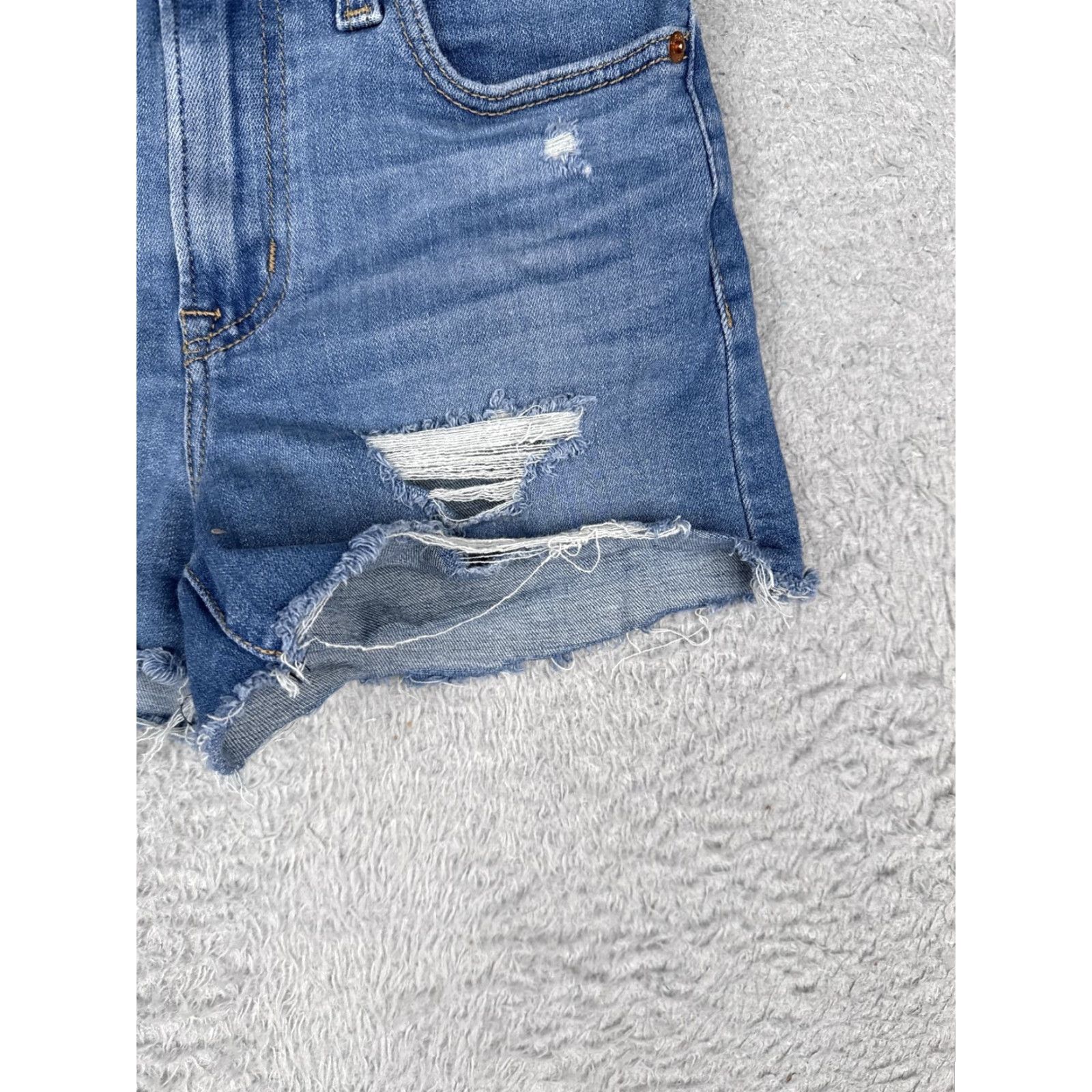 Levi's Levis High Rise Shorts Womens 24x3 Blue Distressed Denim Cutoff Raw Hem Frayed Size 42" / US 20 - 2 Thumbnail
