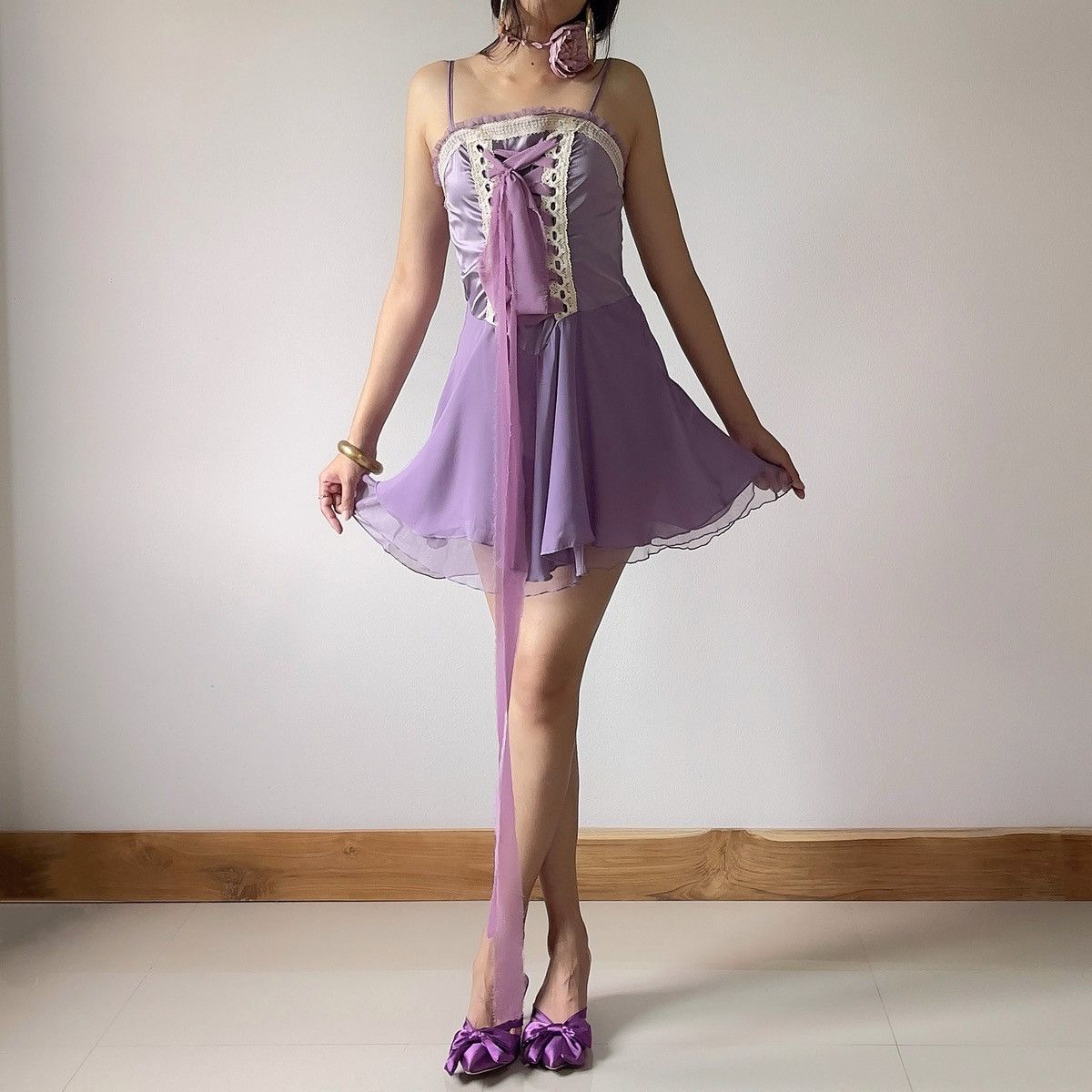 Other Romantic Y2K Purple Satin & Chiffon Mini Dress (S–M) Size M / US 6-8 / IT 42-44 - 2 Thumbnail