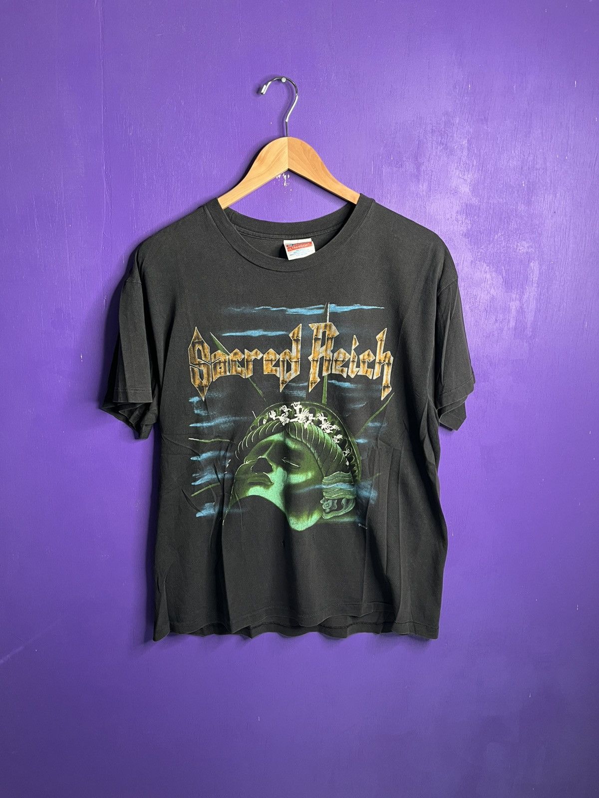 Band Tees × Vintage Vintage 80s Sacred reich lady Liberty rots t-shirt Size US L / EU 52-54 / 3 - 1 Thumbnail