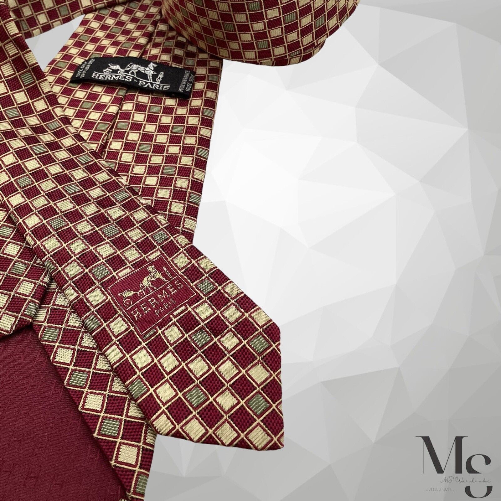 Hermes HERMES PARIS Burgundy & Yellow Geometric Silk Tie France Size ONE SIZE - 6 Thumbnail